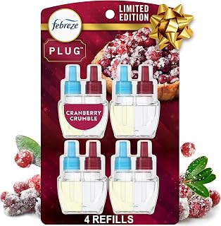 Febreze Plug In Air Freshener, Odor-Fighting Scented Oil Refill, For Home, Bathroom, & Kitchen, Long Lasting for Strong Odors, Limited Edition Holiday Cranberry Crumble Scent, 0.87oz Refills, 4 Count