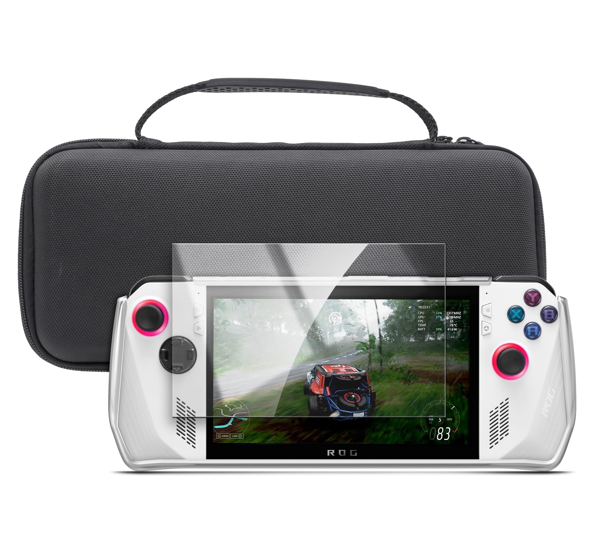 ENCASED Set di Accessori per Asus ROG Ally – Cover Portatile con Cavalletto, Custodia Rigida per il Trasporto e Pellicola Vetro Temperato Protettiva (Nero)