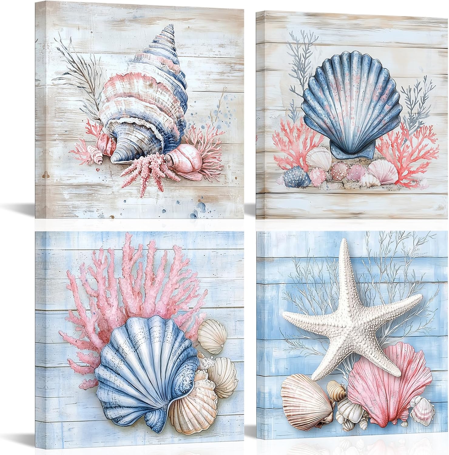 iLOOKLiKE 4 Pieces Beach Seashell Canvas Wall Art Coastal Shell Starfish Coral Conch Painting Pictures Ocean Theme Artwork for Bathroom Bedroom Decoration 12x12inchx4pcs