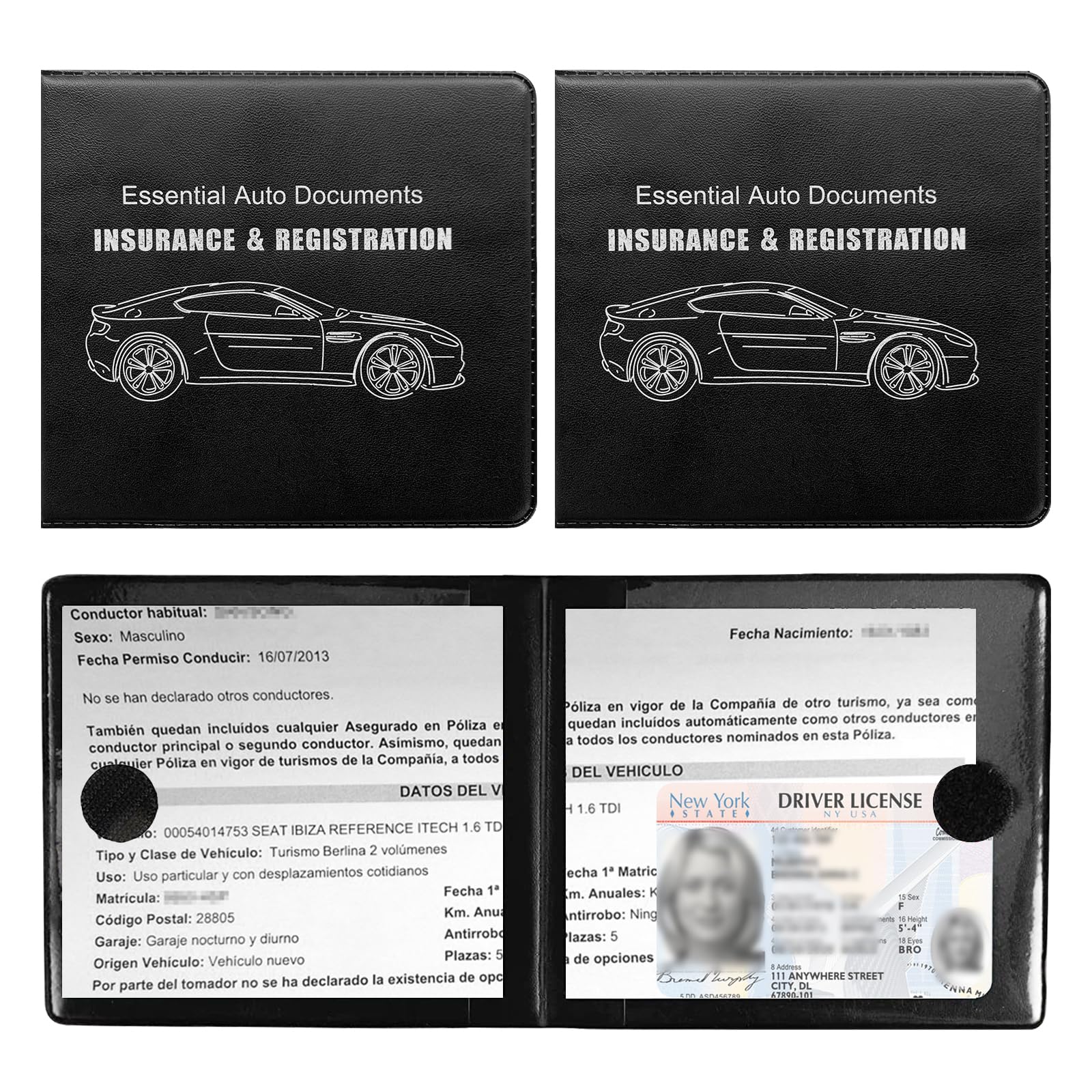 Car Registration Insurance Holder, 2Pack Essential Auto Card Document Glove Box Organizer with Velcro Closure, Vehicle Interior Accessories Perfect for Most Car, Truck, SUV (Black/Big Car)