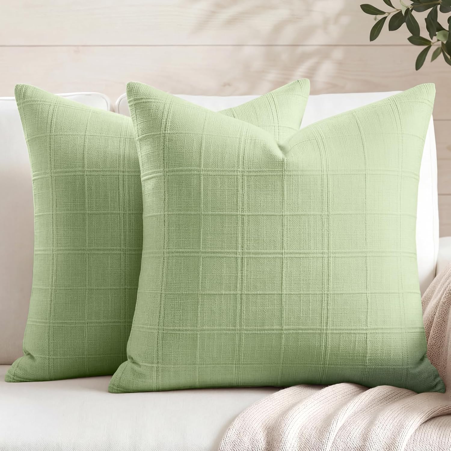 NOVILYS Sage Green Throw Pillow Covers 20x20 Set of 2, Soft Cotton Blend Textured Check Decorative Pillow Cases, Modern Farmhouse & Boho Spring Accent Pillow Decor for Couch Sofa, Living Room, Garden