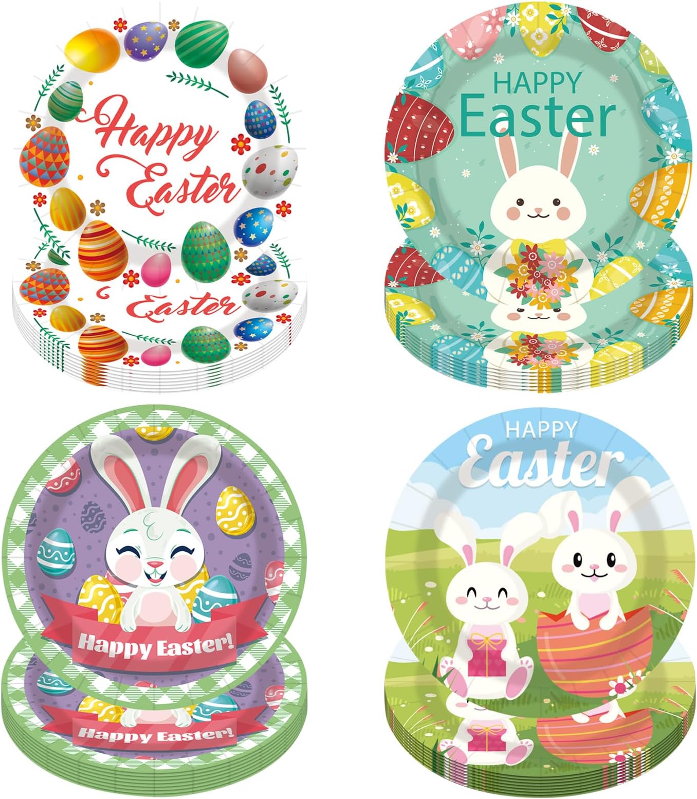 48pcs Easter Paper Plates Disposable 7inch Party Plates Eggs Bunny Flower Party Decoration Tableware