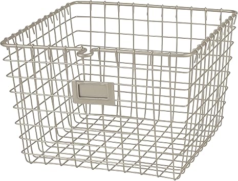 Spectrum Medium Wire Basket with Label Plate Satin Nickel Storage Basket Bin Organizer for Kitchen Pantry Cabinet, Sturdy Steel Heavy Duty Kitchen Wire Basket Storage Bins for Pantry Organization