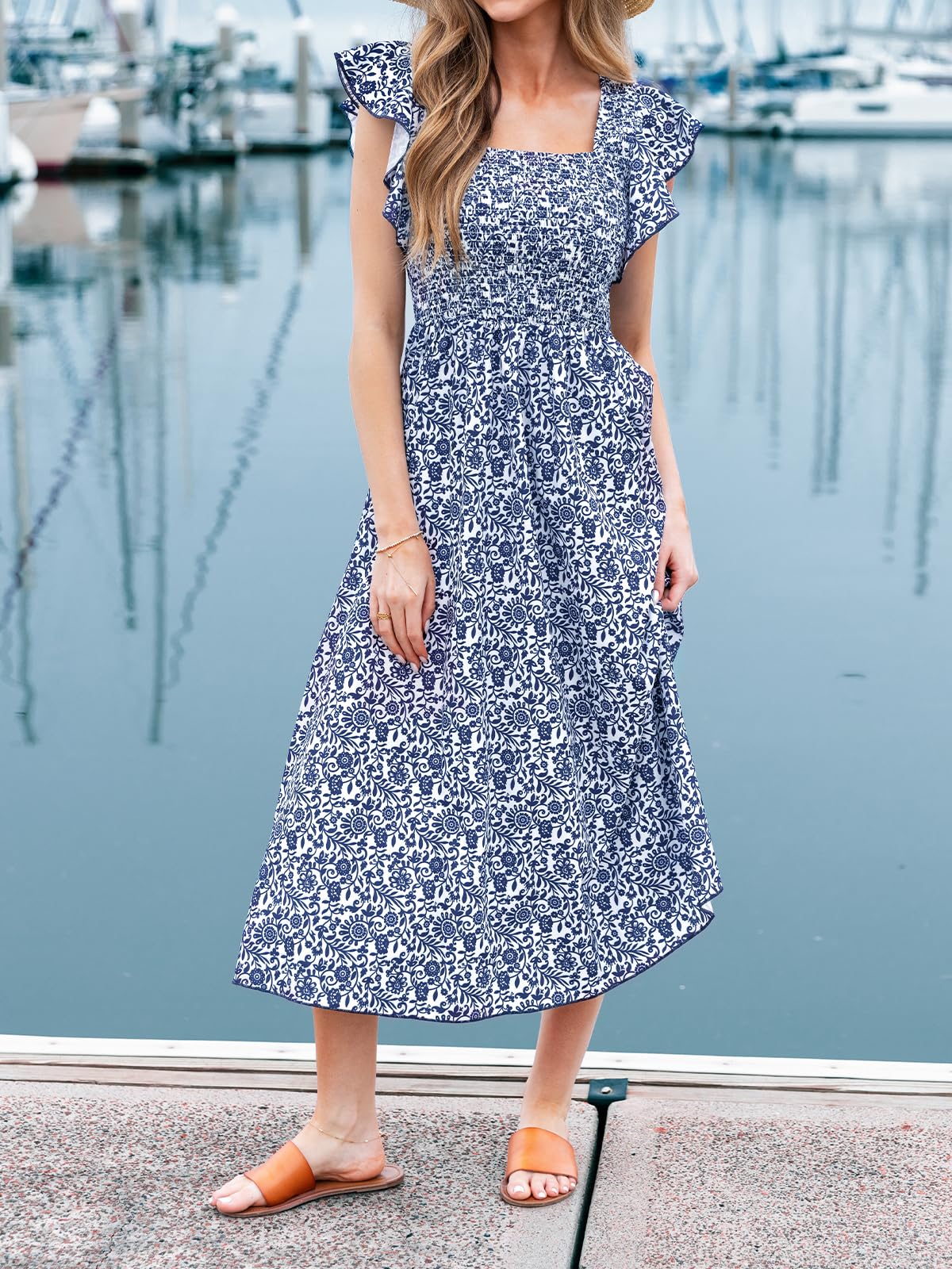 CUPSHE Robe d'été pour femme - Col carré - Rayures - Smocks - Manches courtes - Robe trapèze - Maxi robe formelle