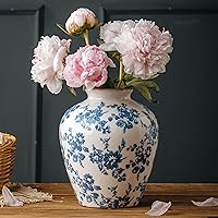 8 Inch Blue & White Chinoiserie Ceramic Vase - Vintage Crackle Glaze Rustic Farmhouse Centerpiece for Home Decor