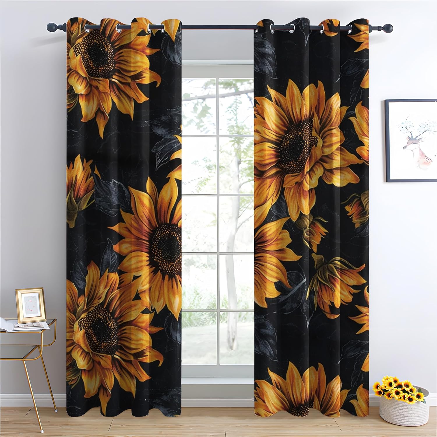 Sunflower Blackout Curtains for Bedroom Living Room - Floral Curtains 63 Inch Length 2 Panels Set - Patterned Window Treatments - Grommet Drapes - Home Decor (D&-9152)