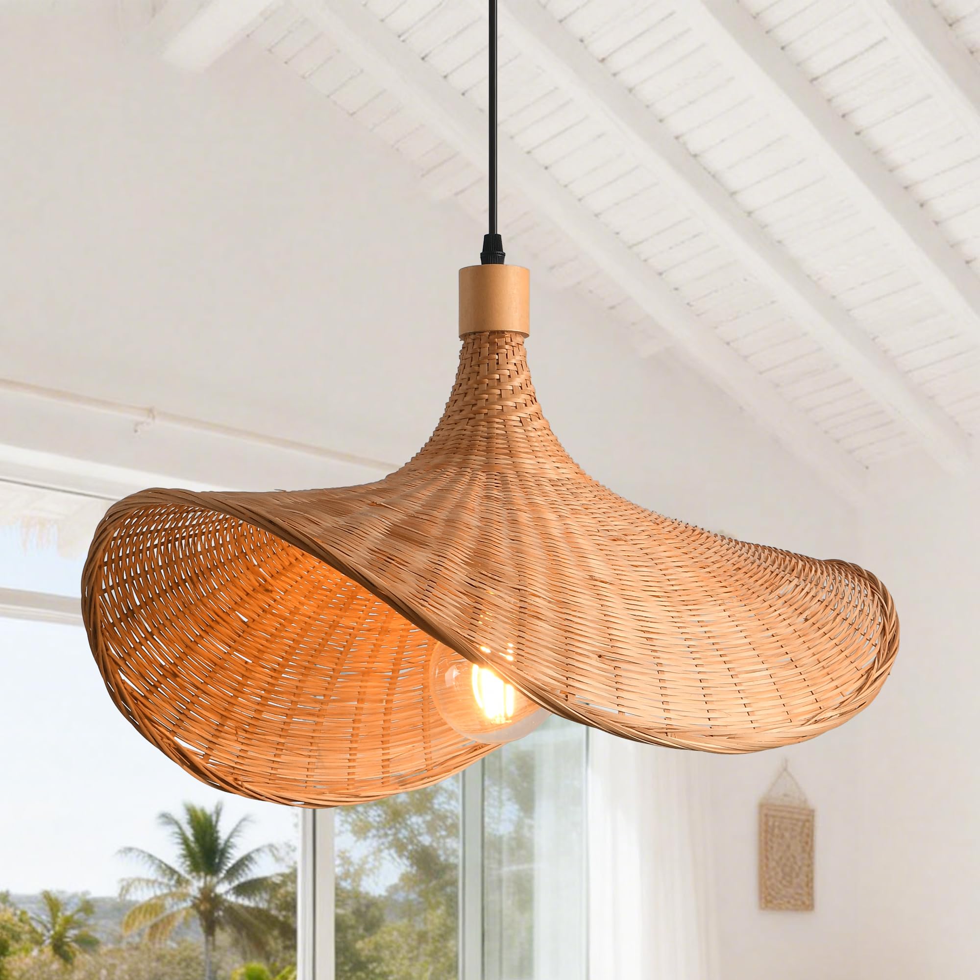 Parrot Uncle Rattan Pendant Light, 50x40cm Bamboo Country Natural Style Shade, Ceiling Light Shade,Adjustable Height, E27 Socket for Boho Dining Table Island (Bulb Not Included) [Energy Class G]