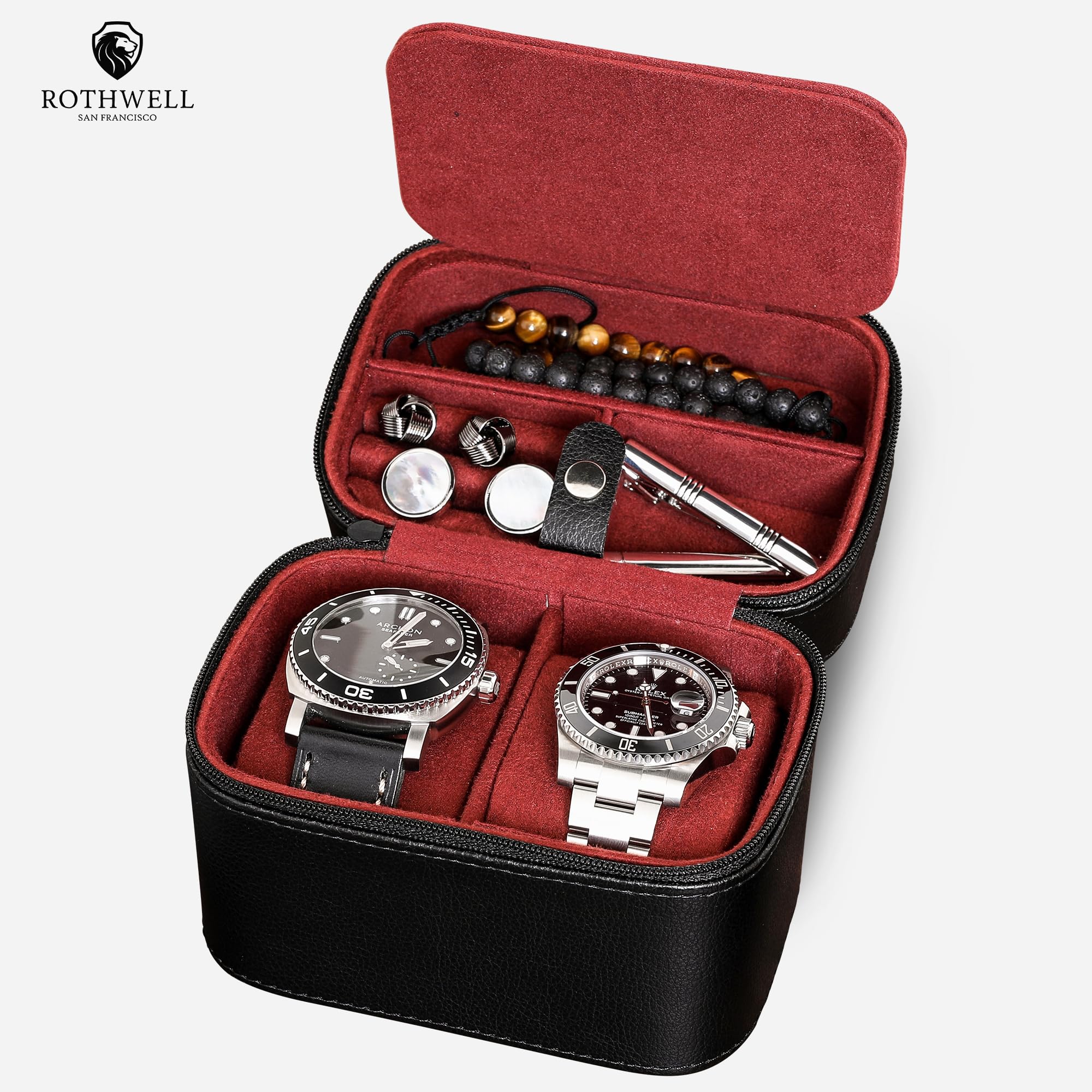 Organisateur de rangement pour étui de voyage pour 2 montres, ecrins pour montres | protection portable robuste avec fermeture à glissière s'adapte à toutes les montres-bracelets (noir/rouge)