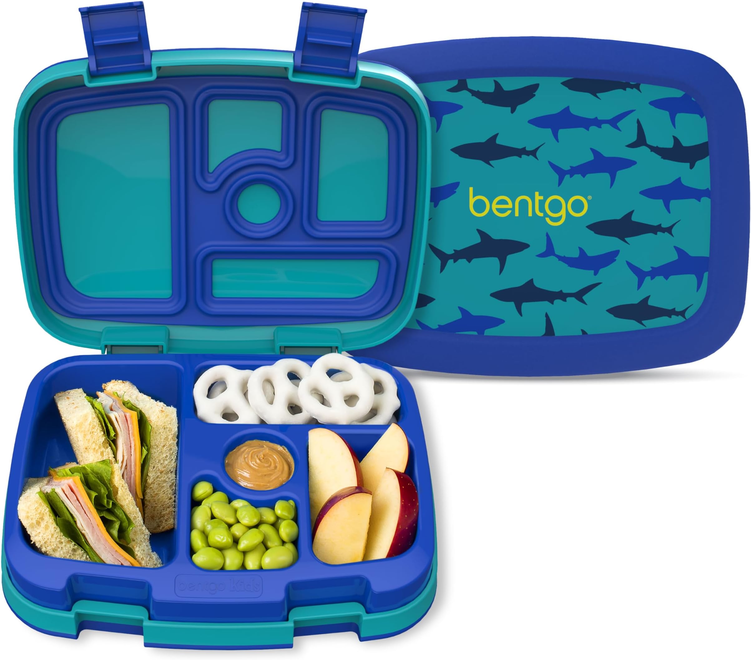 Bentgo® Kids Prints Leak-Proof, 5-Compartment Bento-Style Kids Lunch Box - Ideal Portion Sizes for Ages 3 to 7 - BPA-Free, Dishwasher Safe, Food-Safe Materials (Sharks)