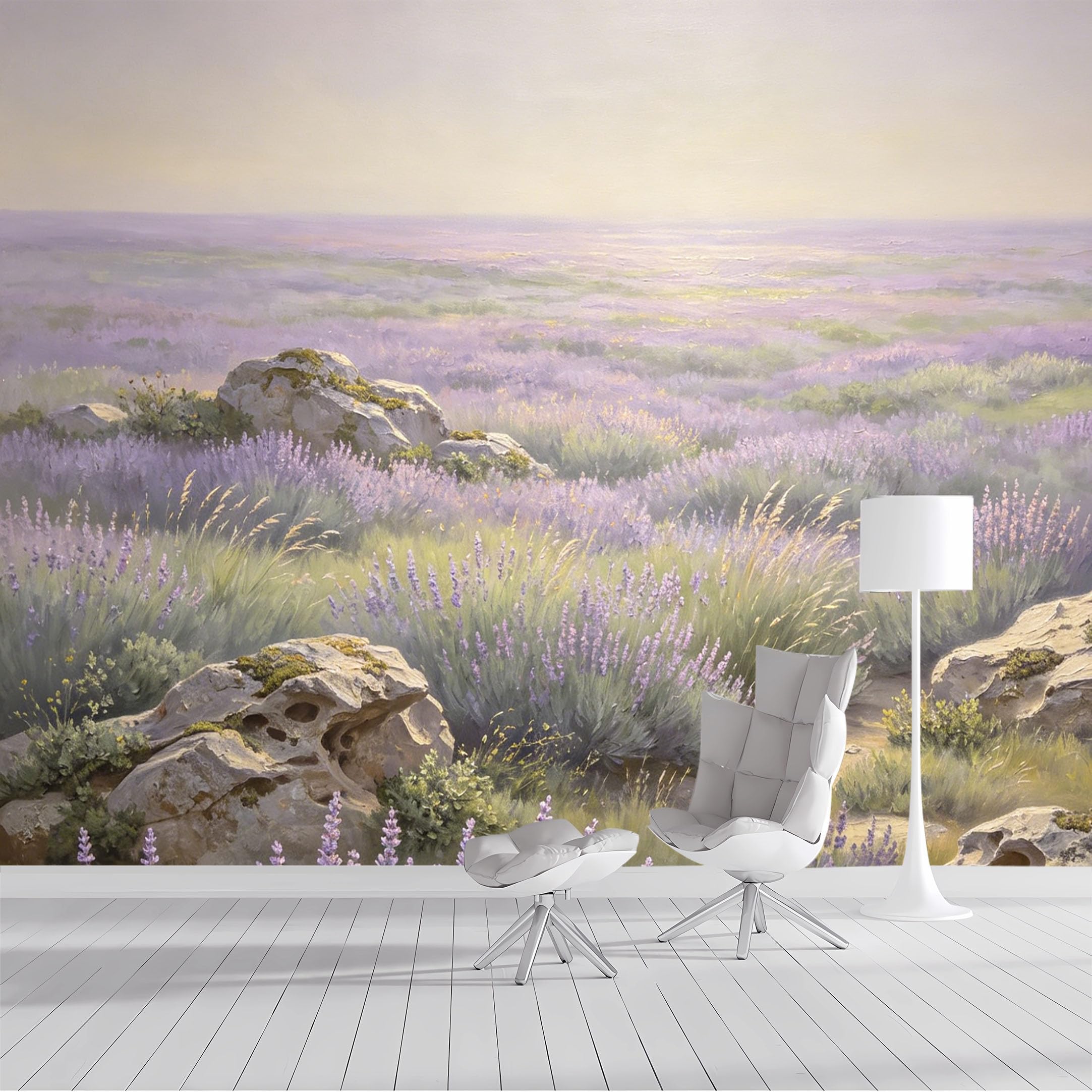 Custom Size Wall Mural Lavender Field Meadow Landscape Pastoral Oil Painting SelfAdhesive Wall Fabric Removable Peel and Stick Wallpaper Wall Decor for Living Room Bedroom Bathroom