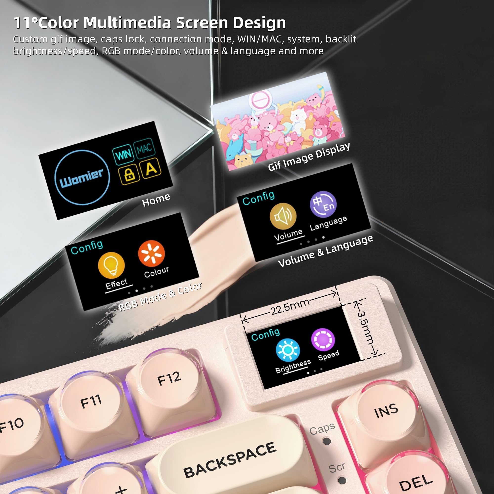 Womier Tastiera meccanica SK80 75% Foundation con display multimediale | Jelly Keycaps - Tastiere color crema per gaming, con cavo RGB e interruttore POM pre-lubrificato per Mac/Win, rosa