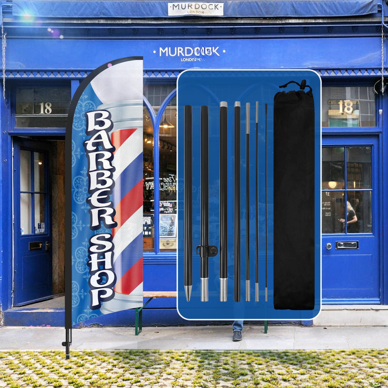 QSUM Barber Shop Feather Flag,8FT Barber Shop Advertising Swooper Flag with Pole Kit, Ground Spike,Barber Shop Signs for Businesses and Storefronts