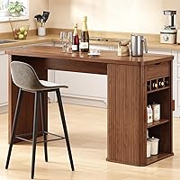 ONBRILL 59" Walnut Kitchen Island with Fluted Sliding Doors, Storage Drawers & Wine Rack - Mid-Century Modern Bar Table