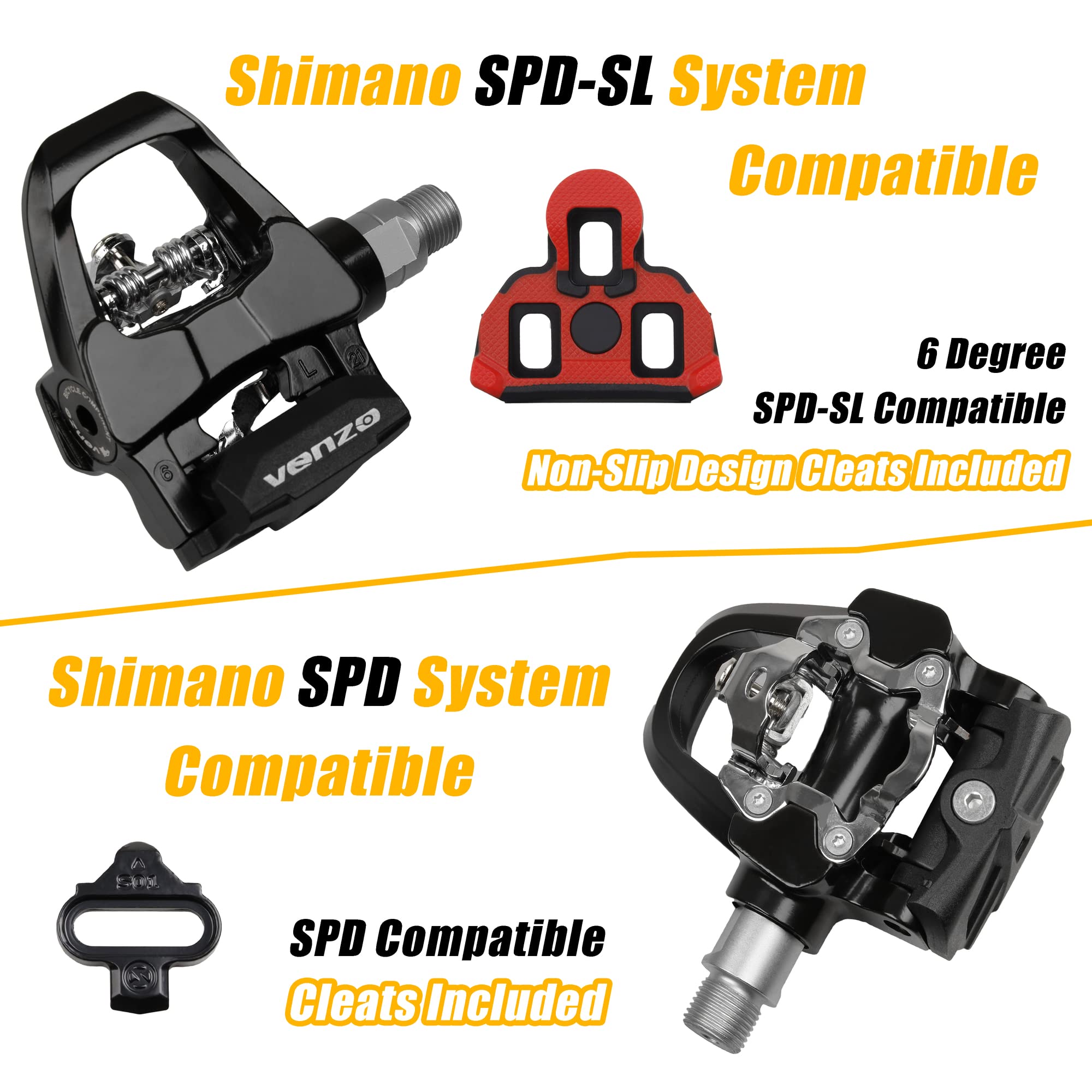 VENZO Compatible With Shimano SPD-SL & Shimano SPD System For Indoor Fitness Exercise Bike Bicycle Pedals & Cleats With 9/16" Heavy Duty Spindles Sealed Bearing