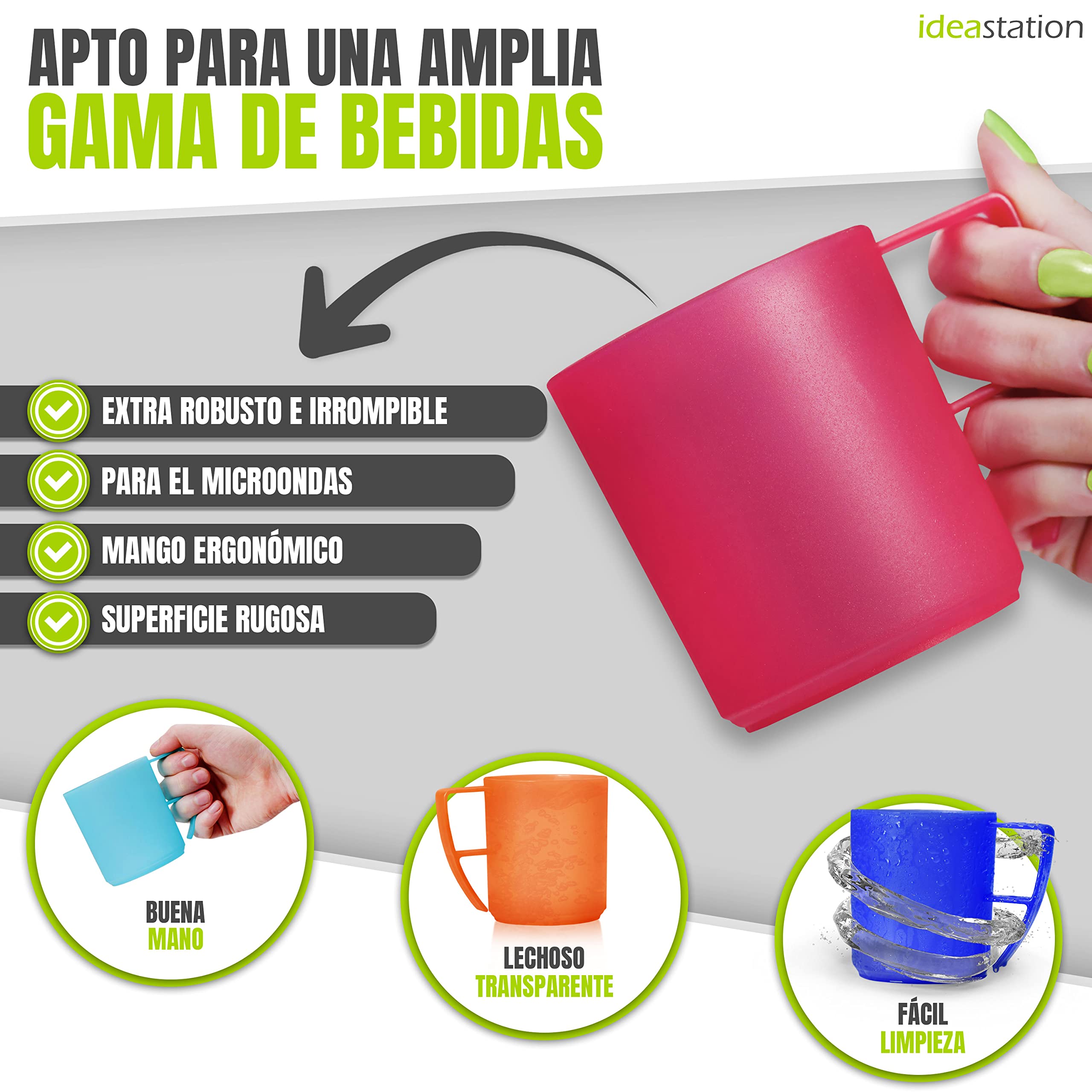 NEO Juego de 6 tazas de plástico para camping, 6x 350 ml - COLORES - taza de café o té irrompibles - tazas de plástico con asas ideales para llevar, vajilla camping