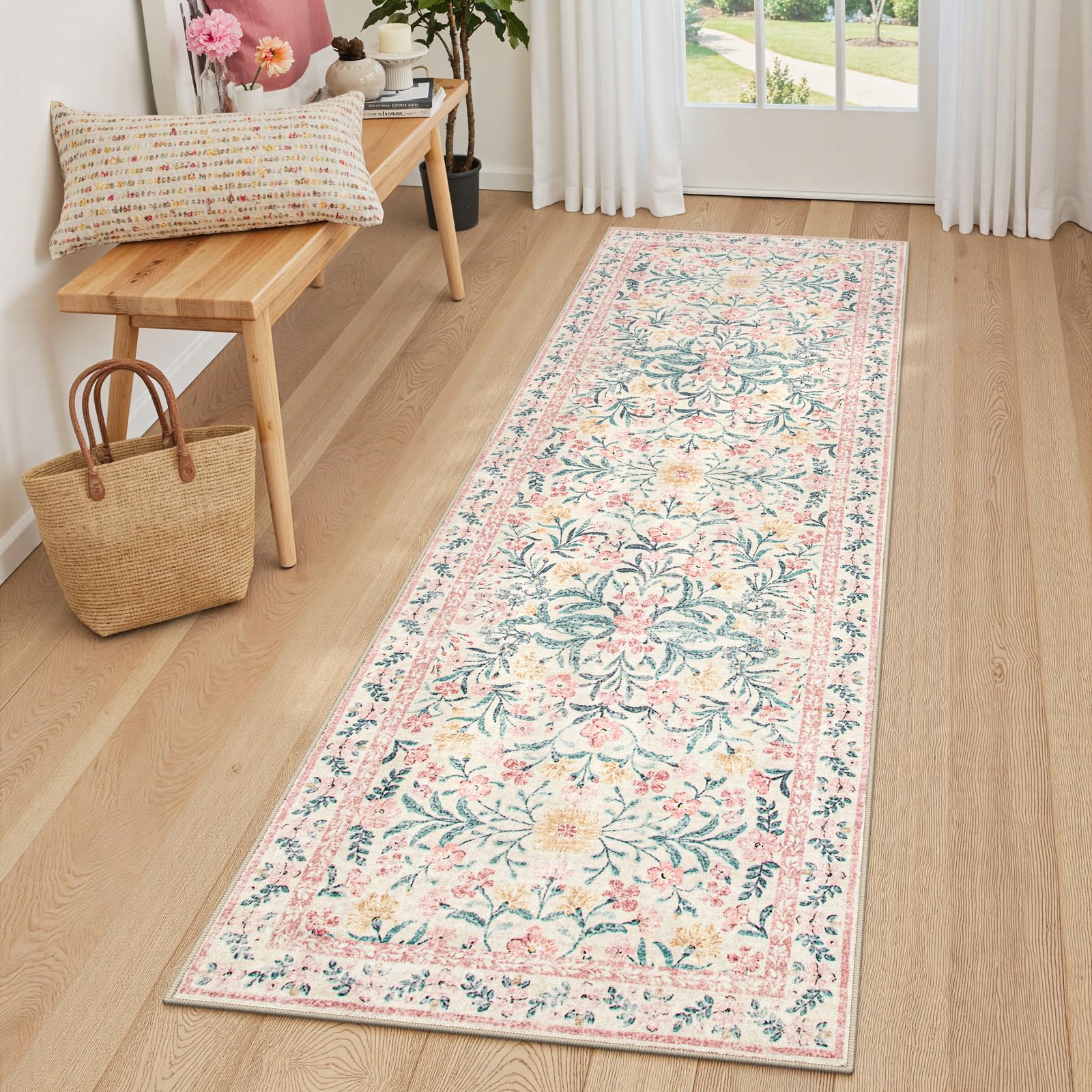 Lahome Boho Hallway Runner Rug 2x6,Floral Kitchen Runner Rugs Non Skid Washable,Super Soft Indoor Throw Carpet for Girls Bedroom Bedside Bathroom Laundry Room, Pink/Multi