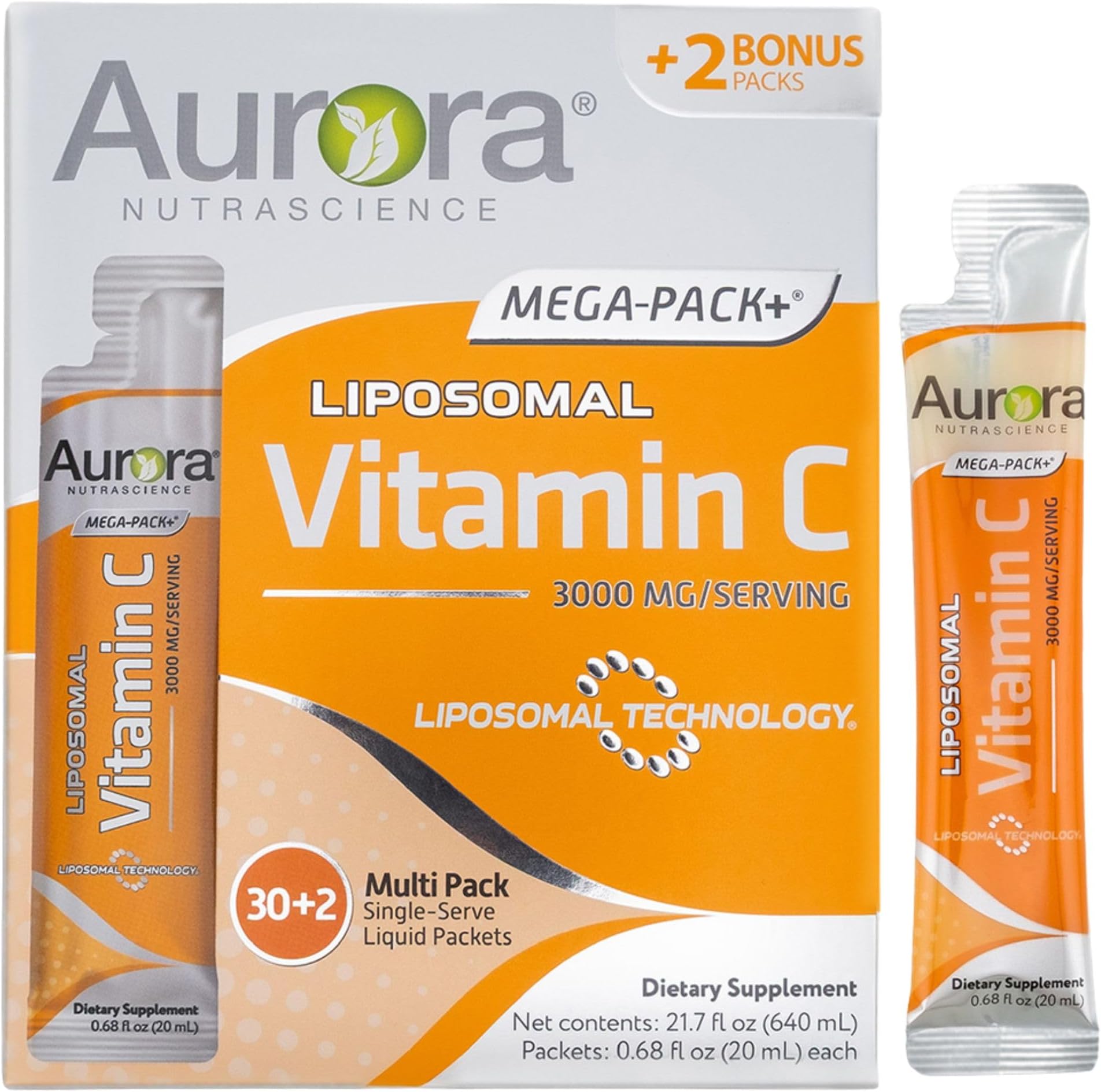 Aurora Nutrascience Liposomal Liquid Vitamin C, 32 Packets, Orange | Healthy Immune Support Supplement, 3000 mg per Serving, Sugar Free, Vegan, Gluten Free, Non-GMO, Single Serve Packets