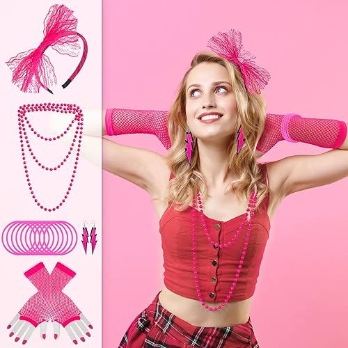 Miniatura 2 de Traje de los años 80 para mujer, accesorios de disfraz de disfraces, diadema de encaje, aretes, guantes de red, collar, pulsera para mujer, fiesta