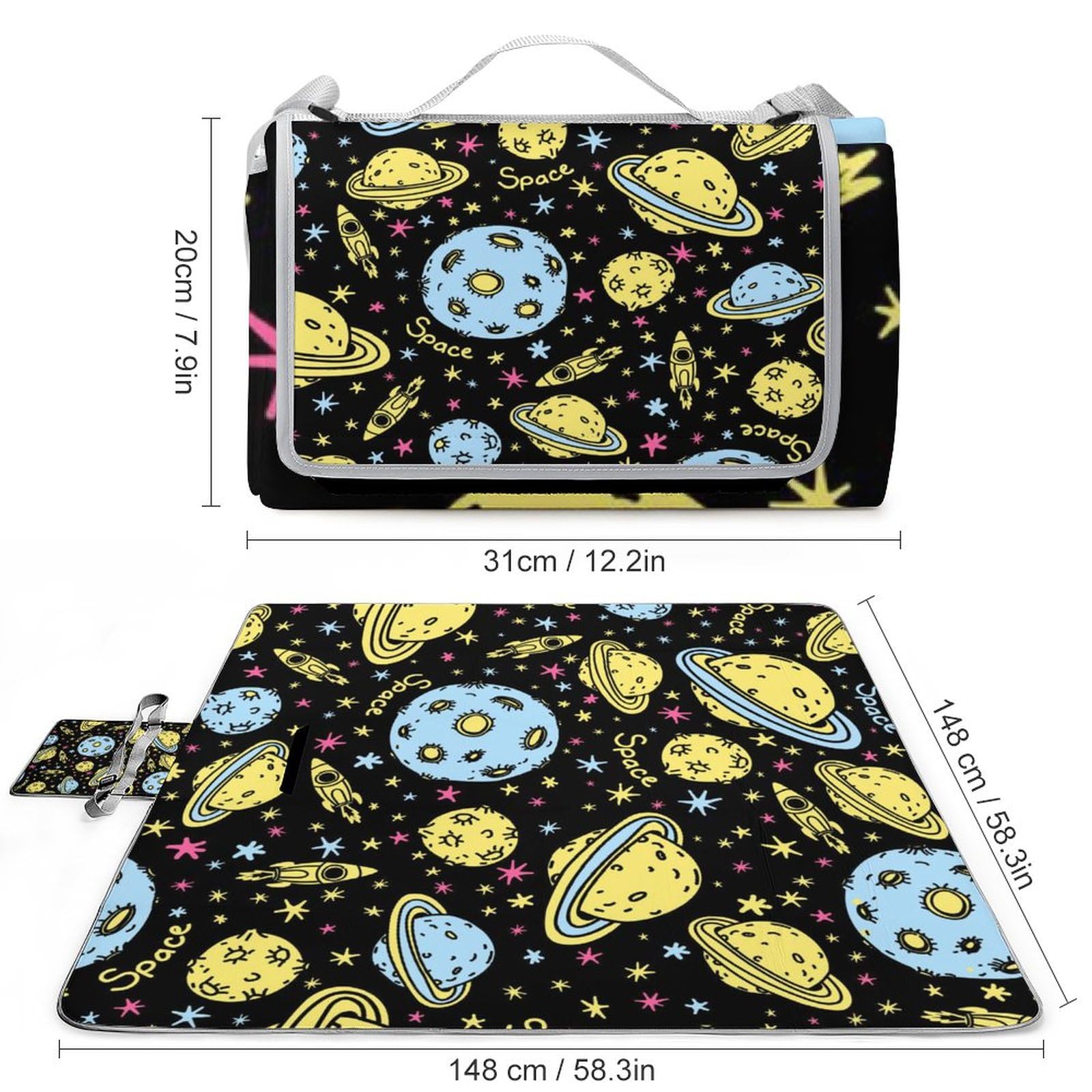 Doodlestyle-Space-Print Picnic Blanket Waterproof Foldable, Large Outdoor Picnic Blanket Beach Blankets Camping Blanket Travel Mat, Shoulder Strap Tote, Rectangle 58x58in