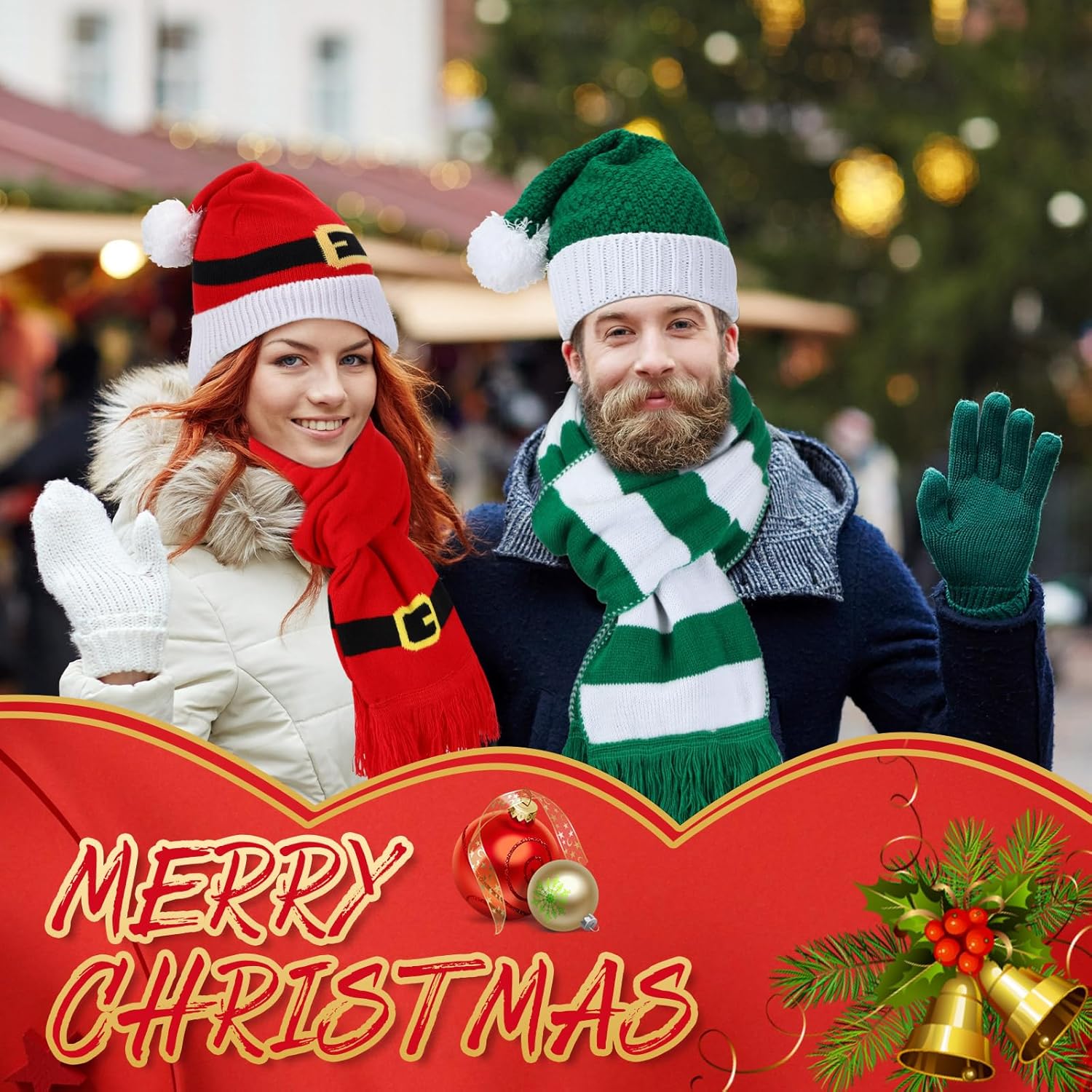 Liitrsh 12 Pcs Christmas Knitted Beanies and Scarf Set Xmas Santa Hat with Pom Warm Skull Cap for Adult Teens Holiday Gift - Image 4