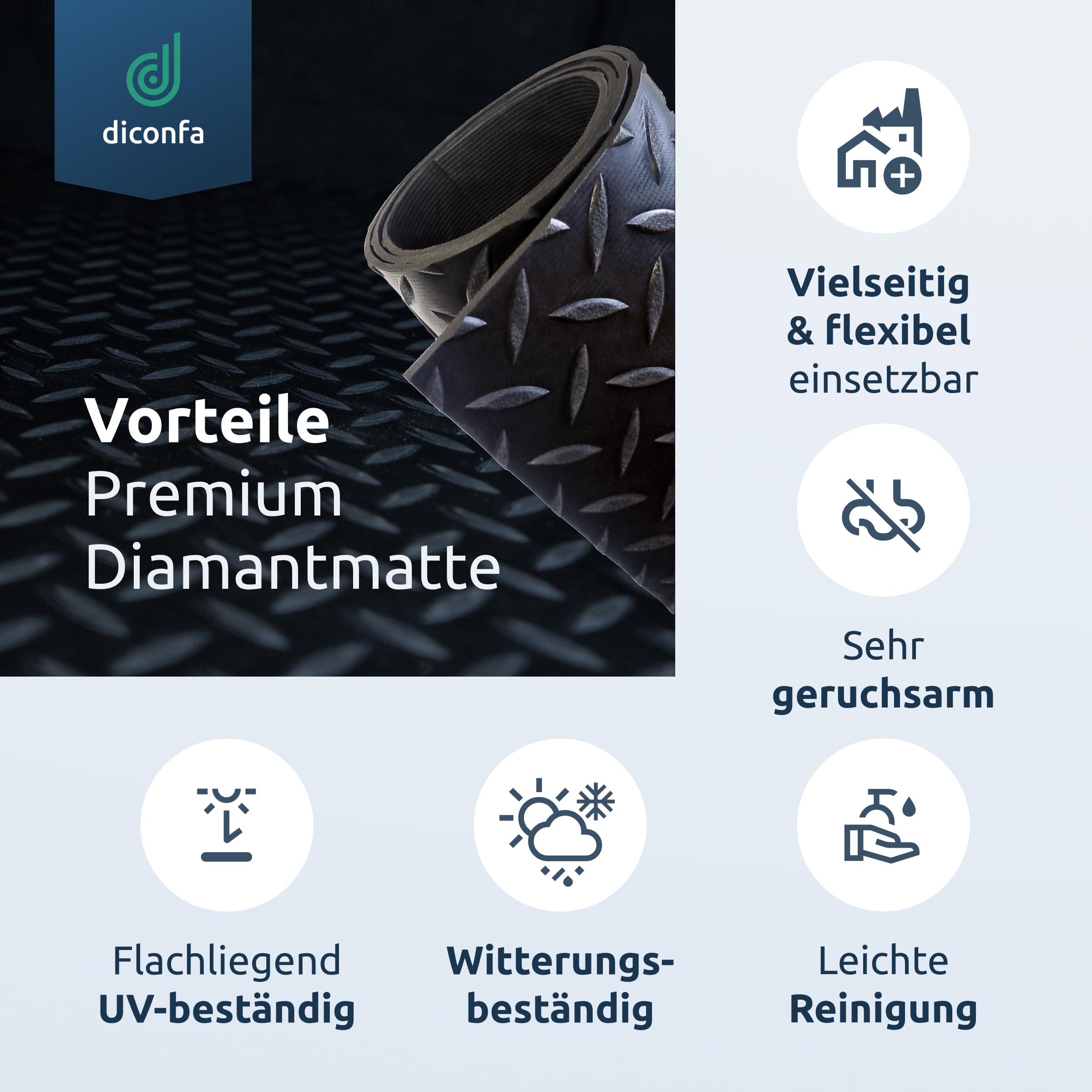 diconfa Gummimatte Diamant Tränenblech 3mm DICK, 2m BREIT, 3m LANG | Antirutschmatte NACH Maß - BREITE 0,1 bis 2,0m - LÄNGE 0,1 bis 10m - GRÖßE: 200cm x 300cm - GERUCHSARM Gummiläufer