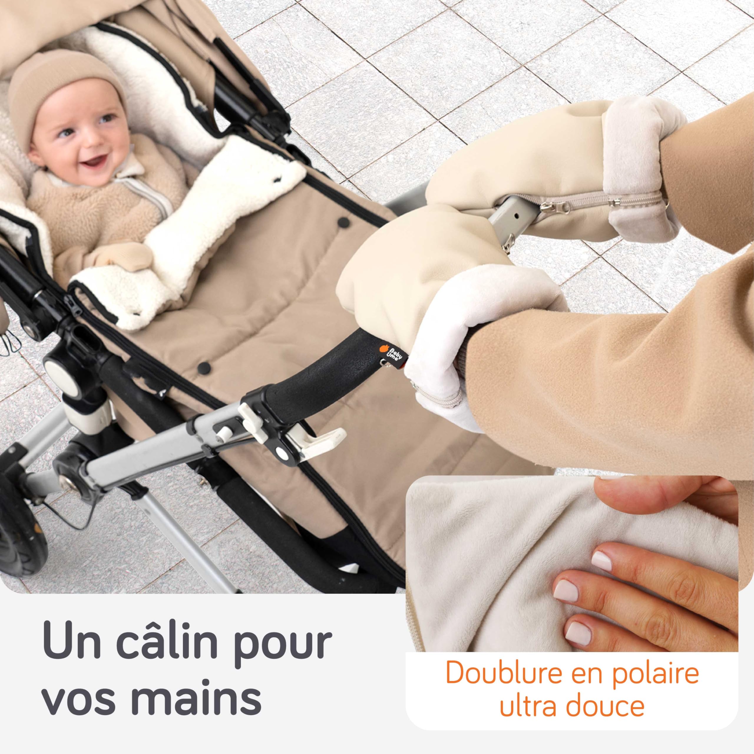 Baby Uma Gant Poussette Bébé - Moufles Poussette Doublées Polaire Ultra-Douces, Simili-Cuir Imperméable Coupe-Vent, Accessoire Poussette Universel avec Fermetures Zippées (Beige)