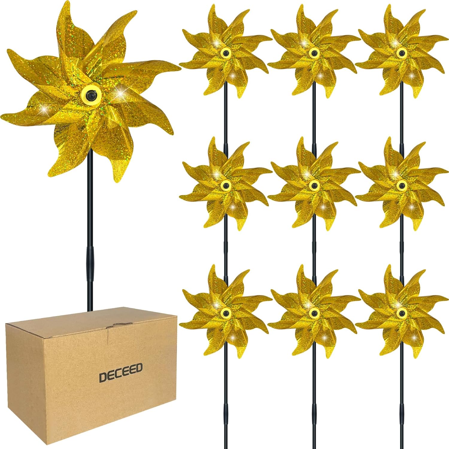 10 PCS Reflective Pinwheels for Yard and Garden Bird Devices Pre-Installed Sparkly Wind Spinner Deterrent to Scare Birds Away from Yard Patio Farm (Blue)