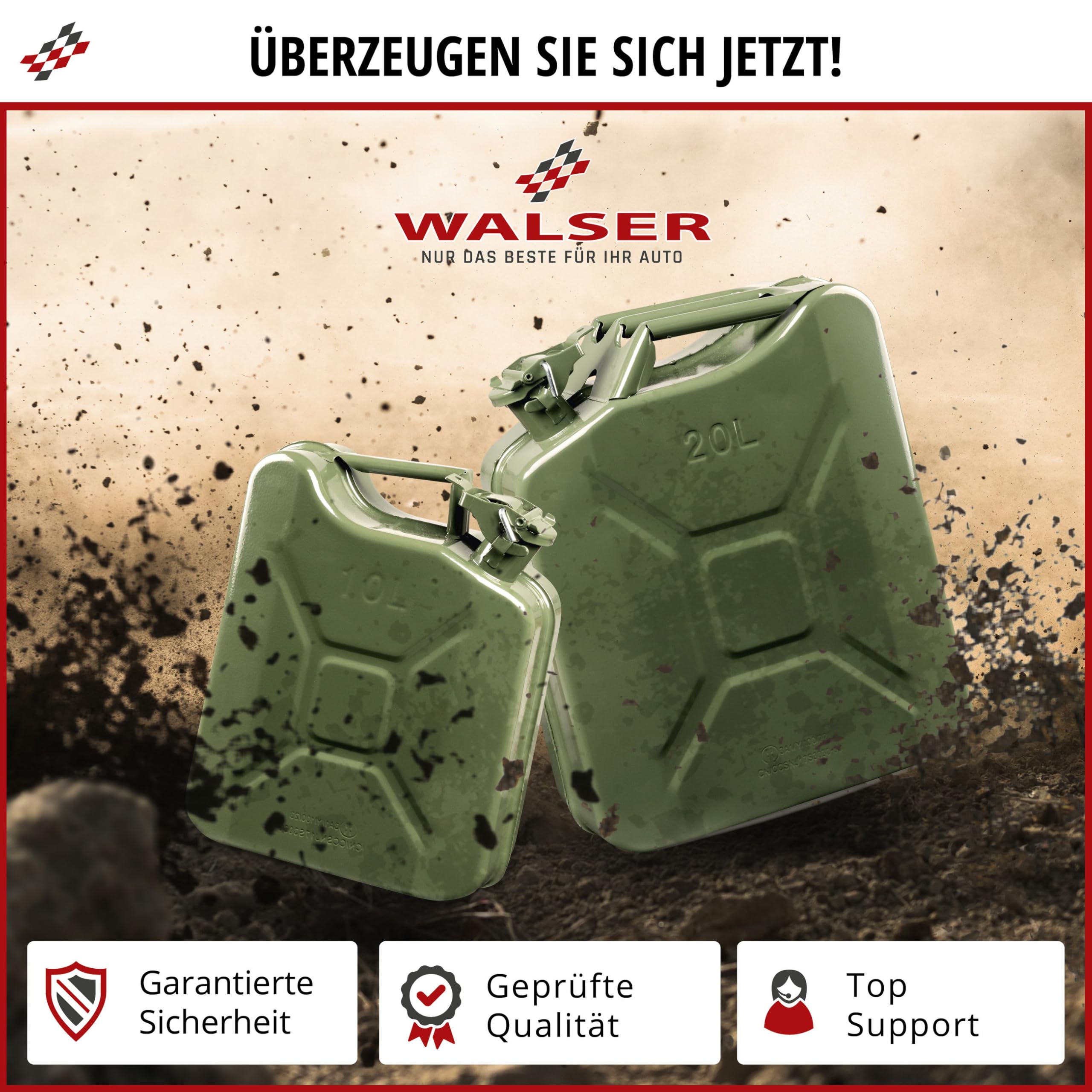 WALSER bidón gasolina metal 10 litros, bidón gasóleo metal certificado ONU con tapón de seguridad, bidón gasolina, bidón combustible metal, bidón gasolina metal verde oliva 30x13x40,5 cm