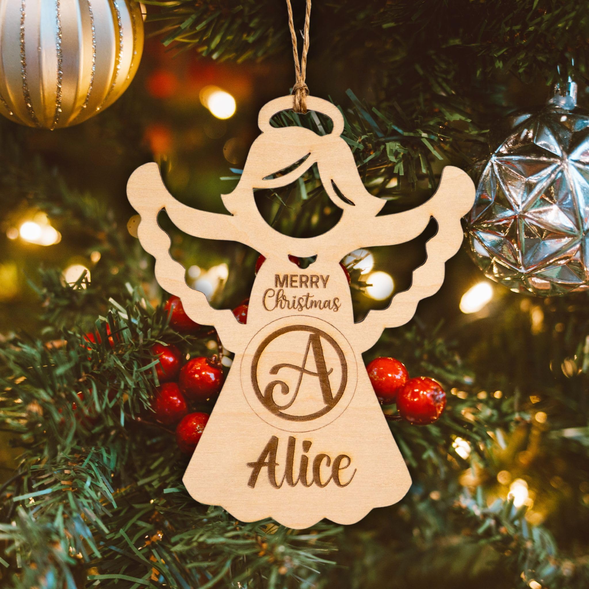 Joyforge Personalised Angel Christmas Tree Decoration – Custom Name & Initial Wooden Bauble – Rustic Hanging Ornament for Wreath or Mantel – Memorial Keepsake Gift