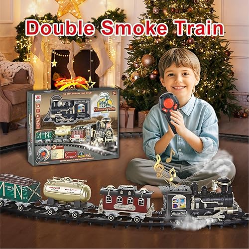 Miniatura 4 de JUQU - Juegos de tren de Navidad para niños juguetes de tren eléctricos de control remoto con dinosaurios motor locomotor de vapor alimentado por