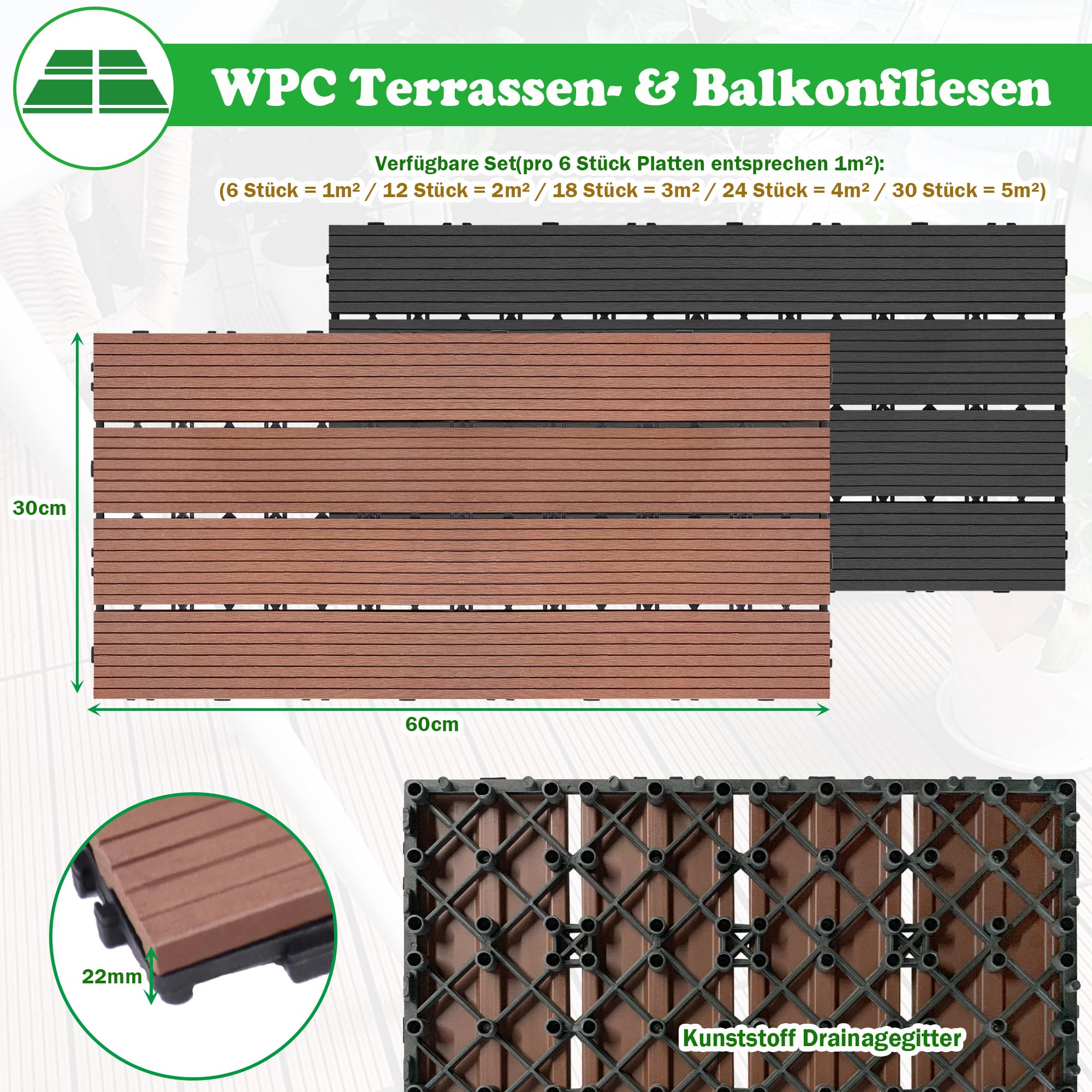 SUBTLETY 5m² WPC Terrassenfliesen 6 Stück Holzoptik Balkonfliesen 30x60cm Klickfliesen Set mit Drainage Gitter Kunststoff Gartenfliesen Bodenfliesen für Garten Terrasse Balkon Teich (Anthrazit)