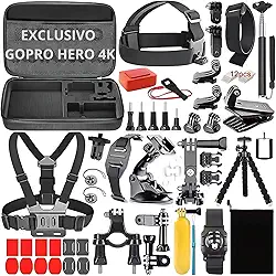 Kit Acessórios 65 em 1 para GoPro Hero 4K com Estojo Rígido, Tripé, Flutuador, Suporte Cabeça e Peitoral, Fixadores, Vlog, Bike, Ideal para Mergulho, Esportes Radicais, Viagens