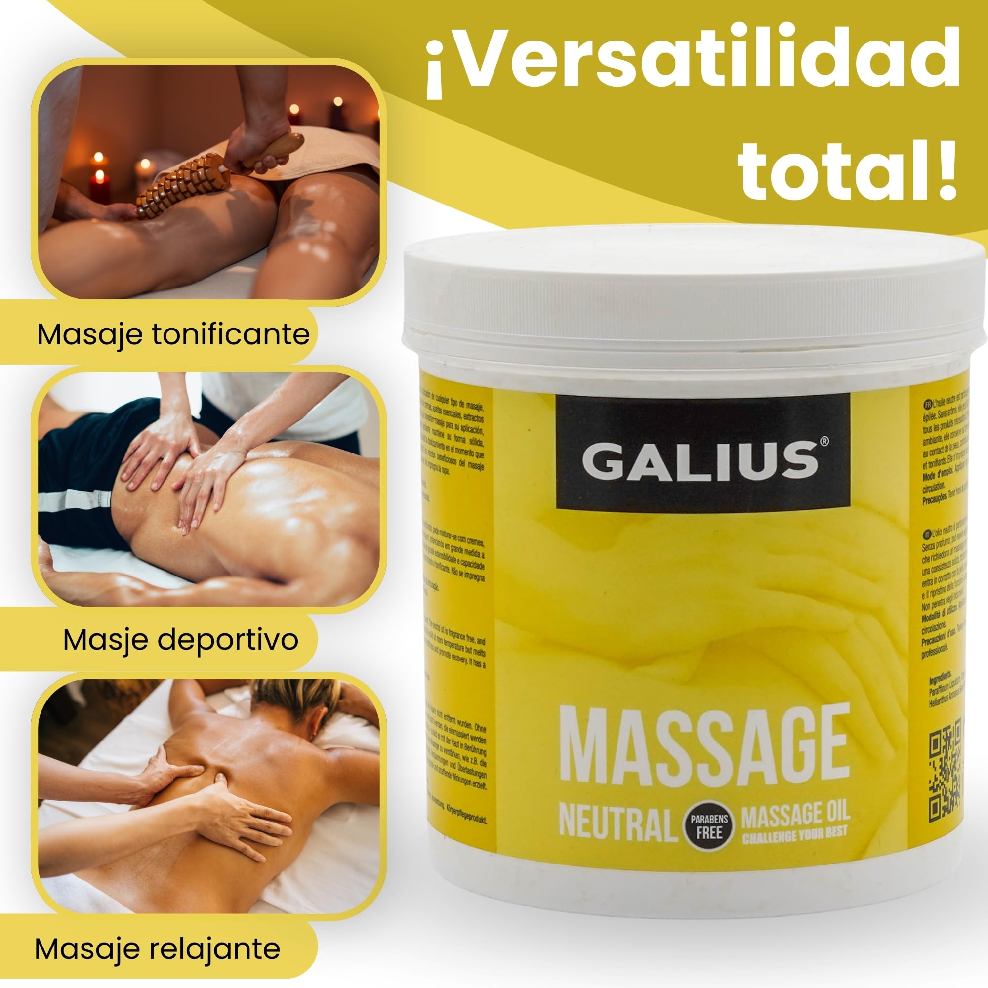 Galius - Aceite Sólido Neutro - Aceite Esencial para Masajes - Aceites Esenciales de Gran Durabilidad y Extensibilidad - Aceite Corporal sin Manchas para Profesionales y Deportistas (1000 ml)