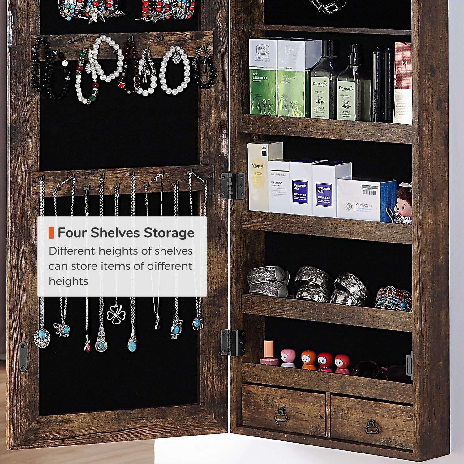 GISSAR Full Length Mirror Jewelry Cabinet, 6 LEDs Jewelry Armoire Wall Mounted Over The Door Hanging, Jewelry Organizer Storage with Lights Lockable, Vintage Brown, 14.6" x 47.2" - Image 8