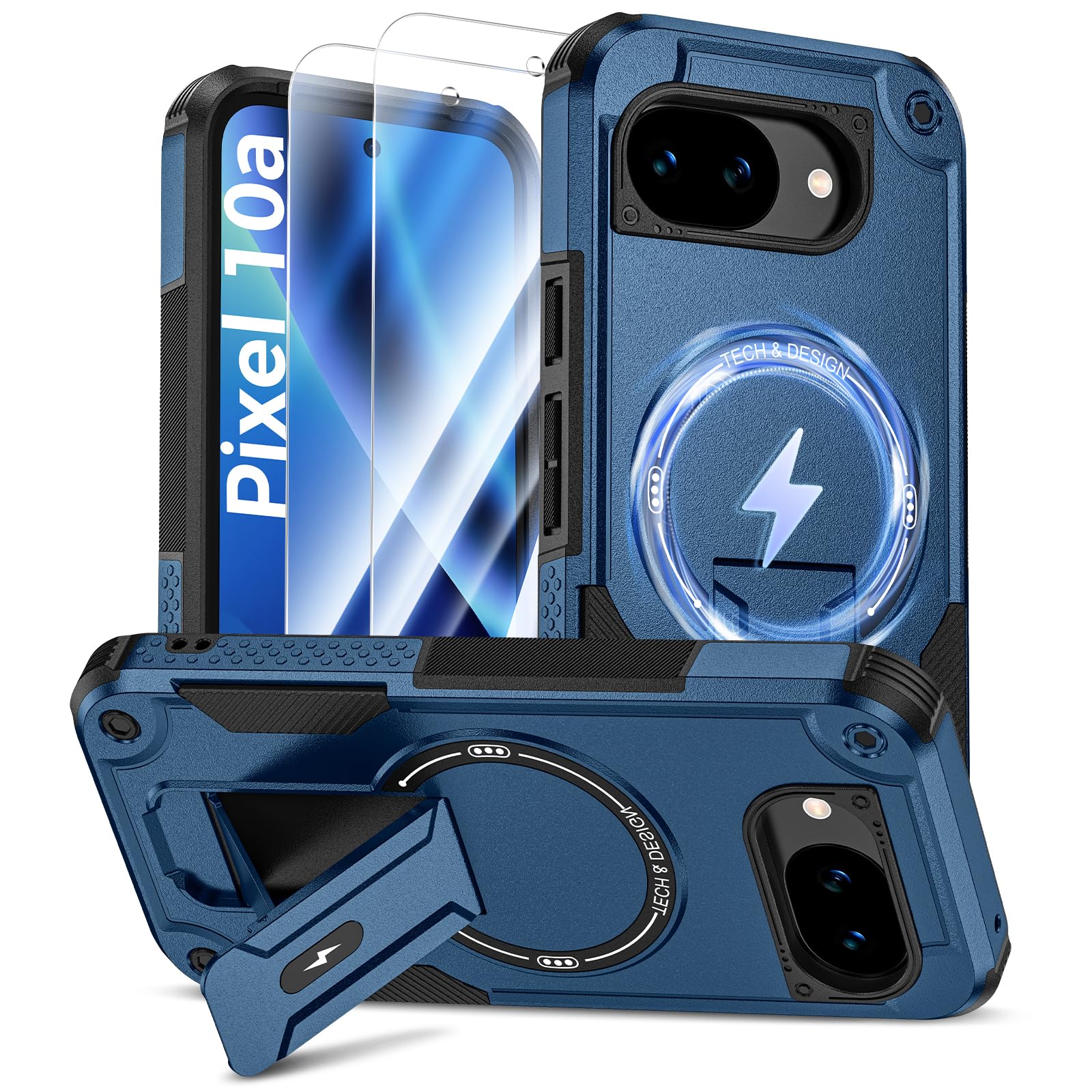 for Google Pixel 10a Case with 2-Pack HD Tempered Glass Screen Protector, Compatible with MagSafe, Invisible Kickstand, Shockproof Phone Cover for Pixel 10A Blue
