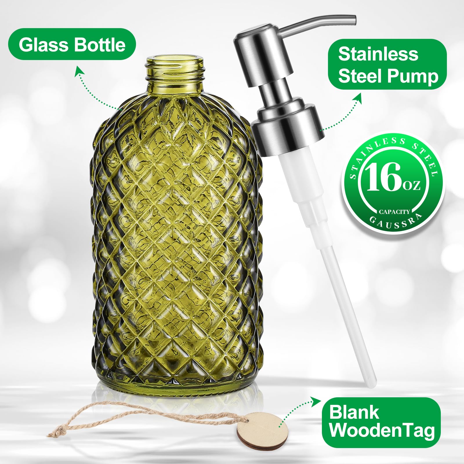 MOCLIF Dispenser di sapone trasparente con pompa in acciaio inossidabile 304 antiruggine da 473,6 ml, per bagno e cucina, in vetro liquido ricaricabile per sapone per mani, sapone per piatti, lozioni