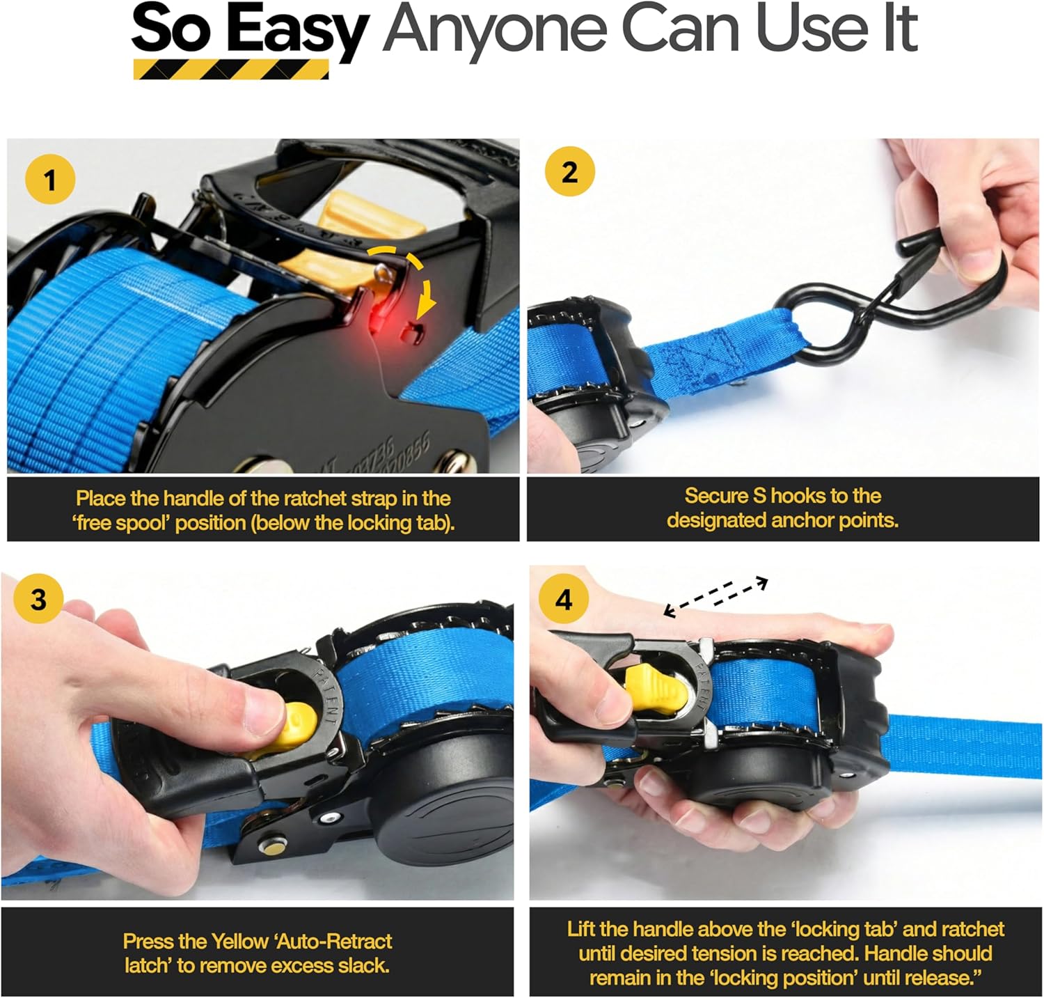 AUGO Retractable Ratchet Straps | 4 Heavy Duty Ratchet Straps Self Retractable Tie Downs with Soft Loops & Storage Bag for Motorcycle, Truck, Trailer, Cargo Van | 1200 Lb Break Strength 1” x 10’