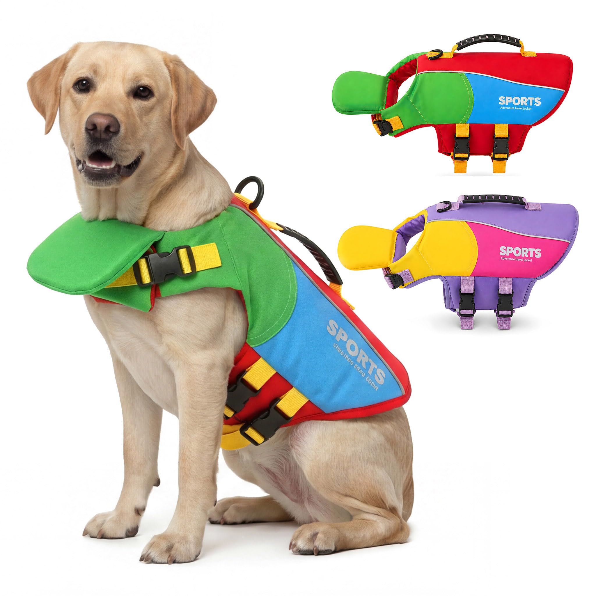 SMALLLEE_LUCKY_STORE Colorblock Dog Life Vest for Small Medium Large Dogs, Reflective Pet Life Jacket with Front Chin Float and Rescue Handle High Buoyancy Puppy Swimming Vest,Red,XL
