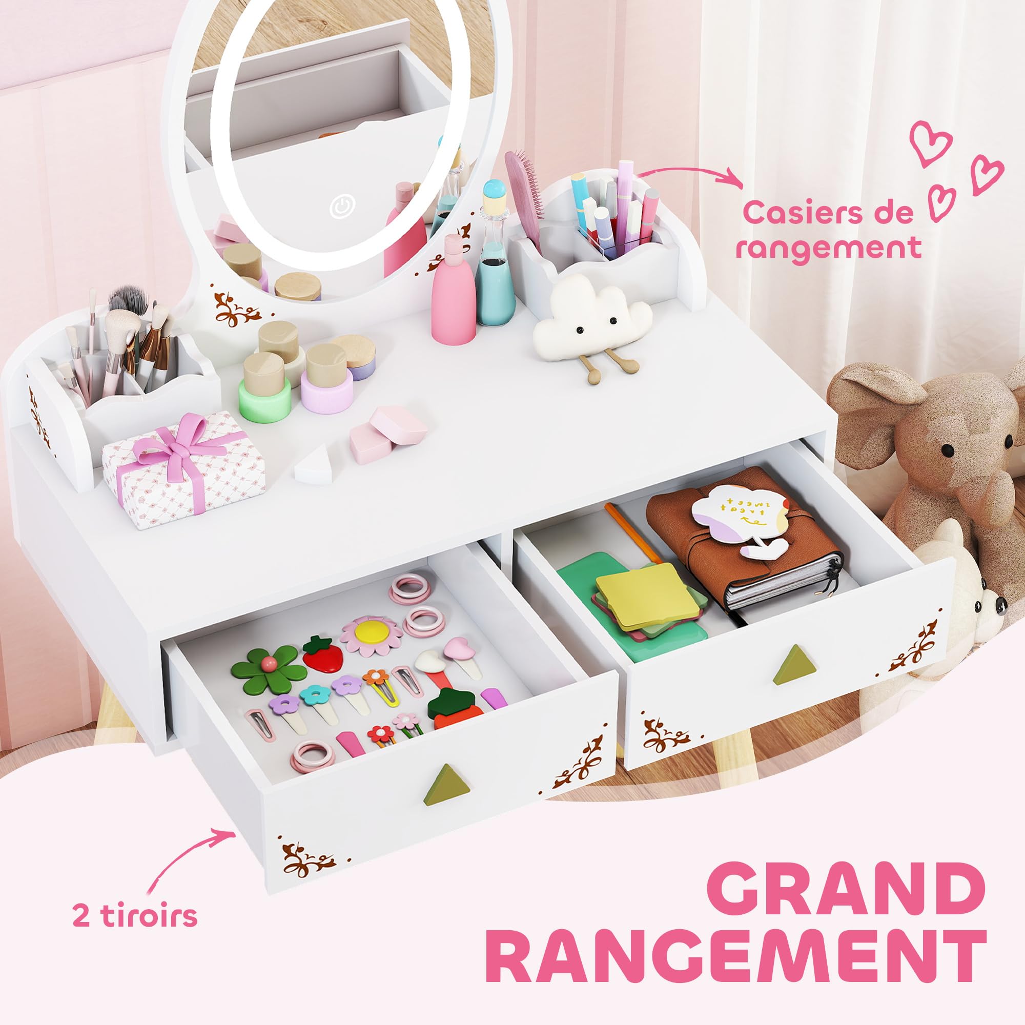 AIYAPLAY Coiffeuse Enfant en Bois 2 en 1, Bureau Enfant Fille avec Miroir à LED 3 Couleurs et Tabouret, Table de Maquillage avec 2 tiroirs et 2 casiers de Rangement Amovibles, 60x30x99,3cm, Blanc