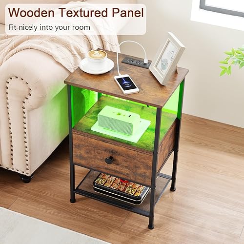 Miniatura 9 de Juego de 2 mesitas de noche LED con estación de carga, mesas auxiliares para sala de estar con cajón de tela para espacios pequeños, mesas