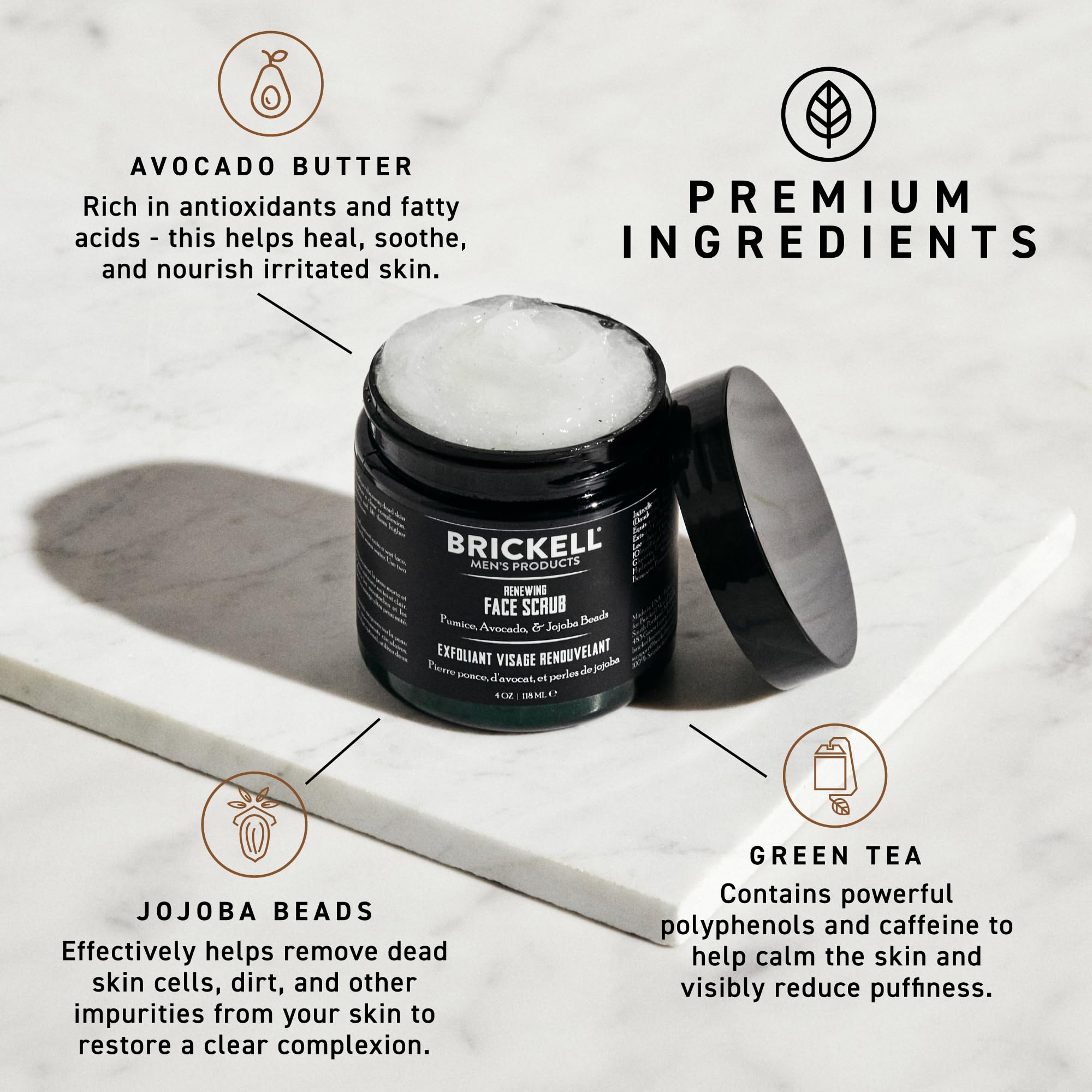 Brickell Men's Scrub Viso Rinnovatore per Uomo, Naturale e Biologico, Scrub Viso Esfoliante Formulato con Perline di Jojoba, Extra di Caffè e Pomice, 118ml, Profumato