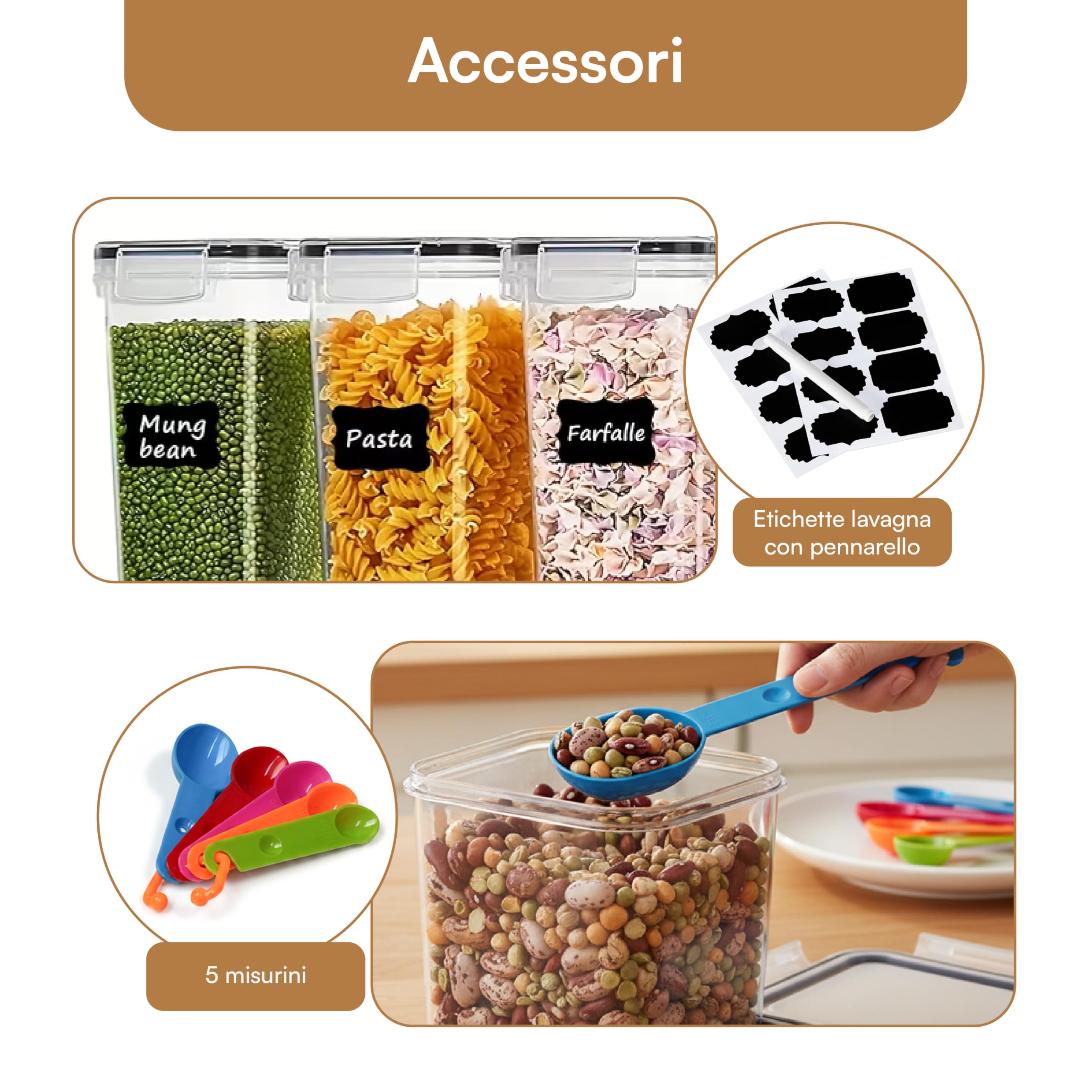 Baroni Home Set 10 Contenitori Ermetici per Alimenti da 1,4L Organizer Dispensa con Coperchio, Etichette Lavagna, Pennarello e Misurini, Sicuro in Lavastoviglie