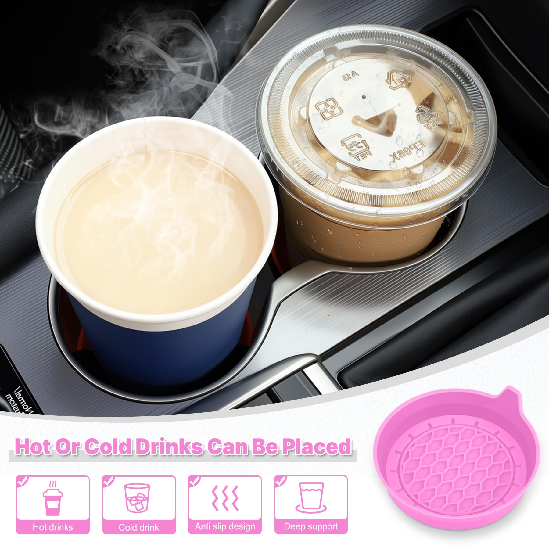 SINGARO Car Cup Holder Coaster, Silicone Cup Holder Insert, Universal Non-Slip Cup Holders, Car Accessories Interior for Women and Man 4 Pack Pink view 3