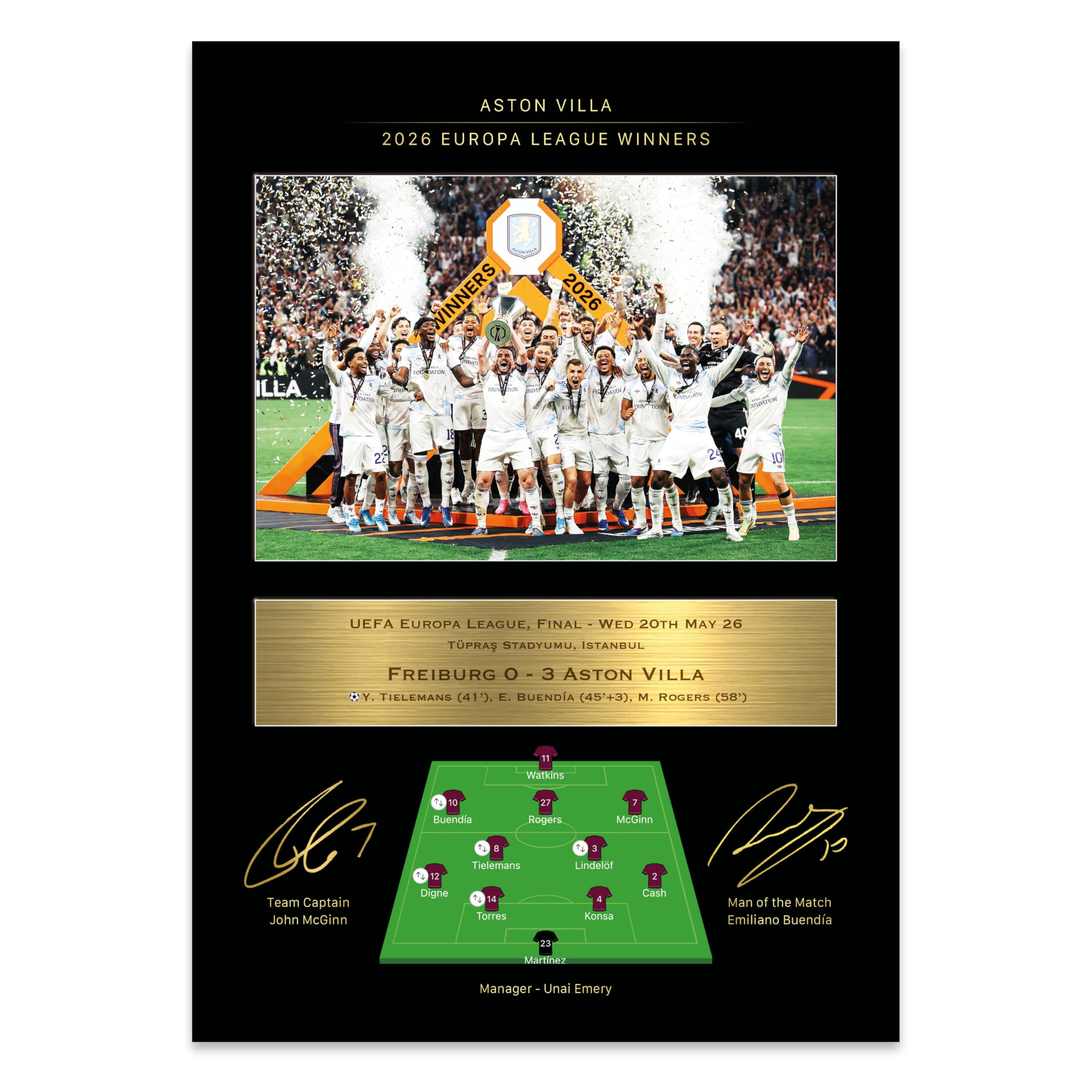 Sporting Moments Aston Villa Europa League Winners 25/26 Commemorative Print – with Reproduced Player Signatures – A4 (Unframed) Villa Memorabilia Gift