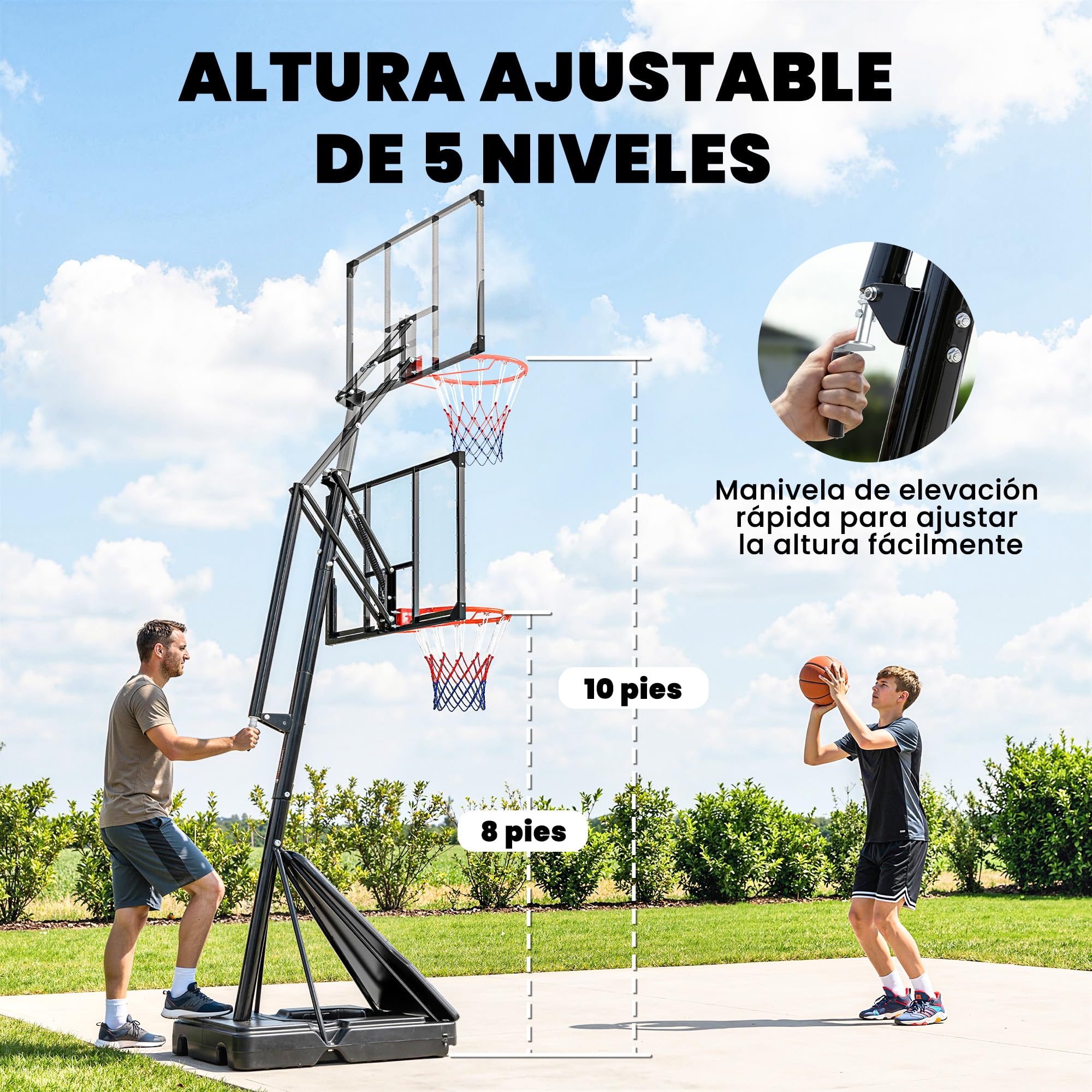 SPORTNOW Canasta de Baloncesto Exterior, Altura Ajustable 245-305 cm, Portátil con Ruedas, Base Rellenable, Tablero Irrompible