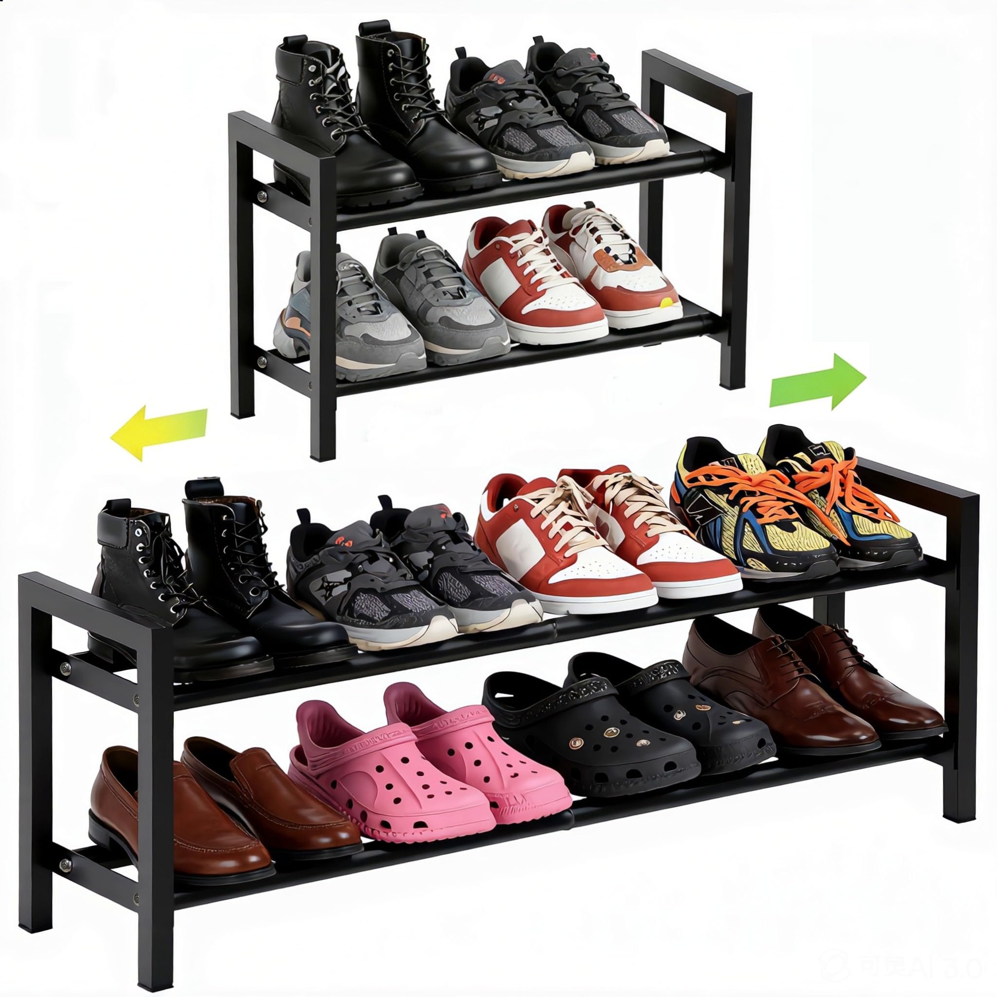 Expandable 2-Tier Metal Shoe Rack, Black Freestanding Storage Organizer