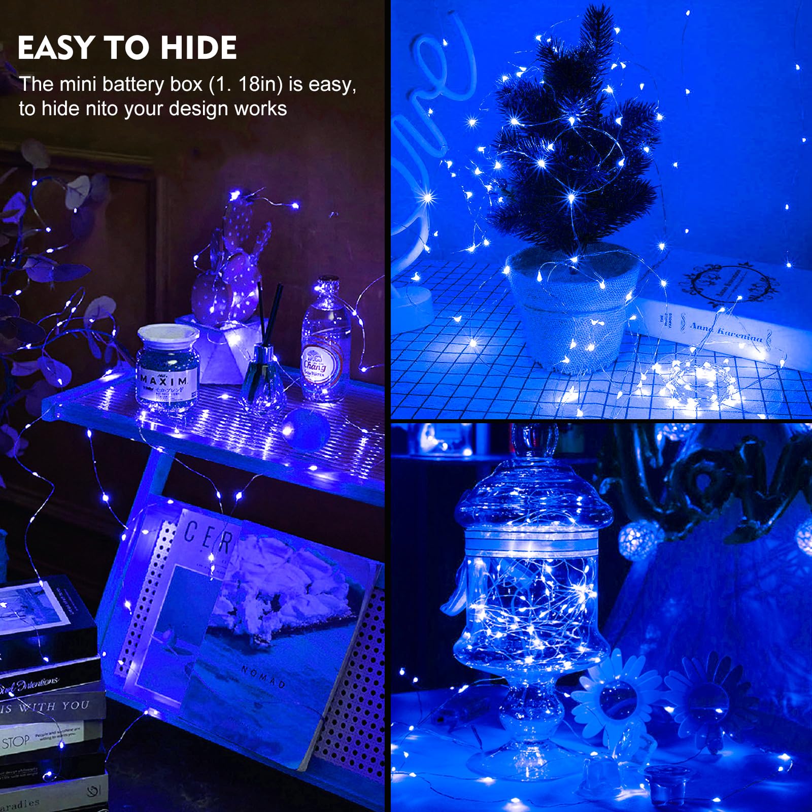 Confezione da 24 luci a batteria, 20 luci LED scintillanti da 2,1 m, 3 modalità, impermeabili, mini filo argentato per Natale, matrimoni, barattoli, centrotavola (24, blu)