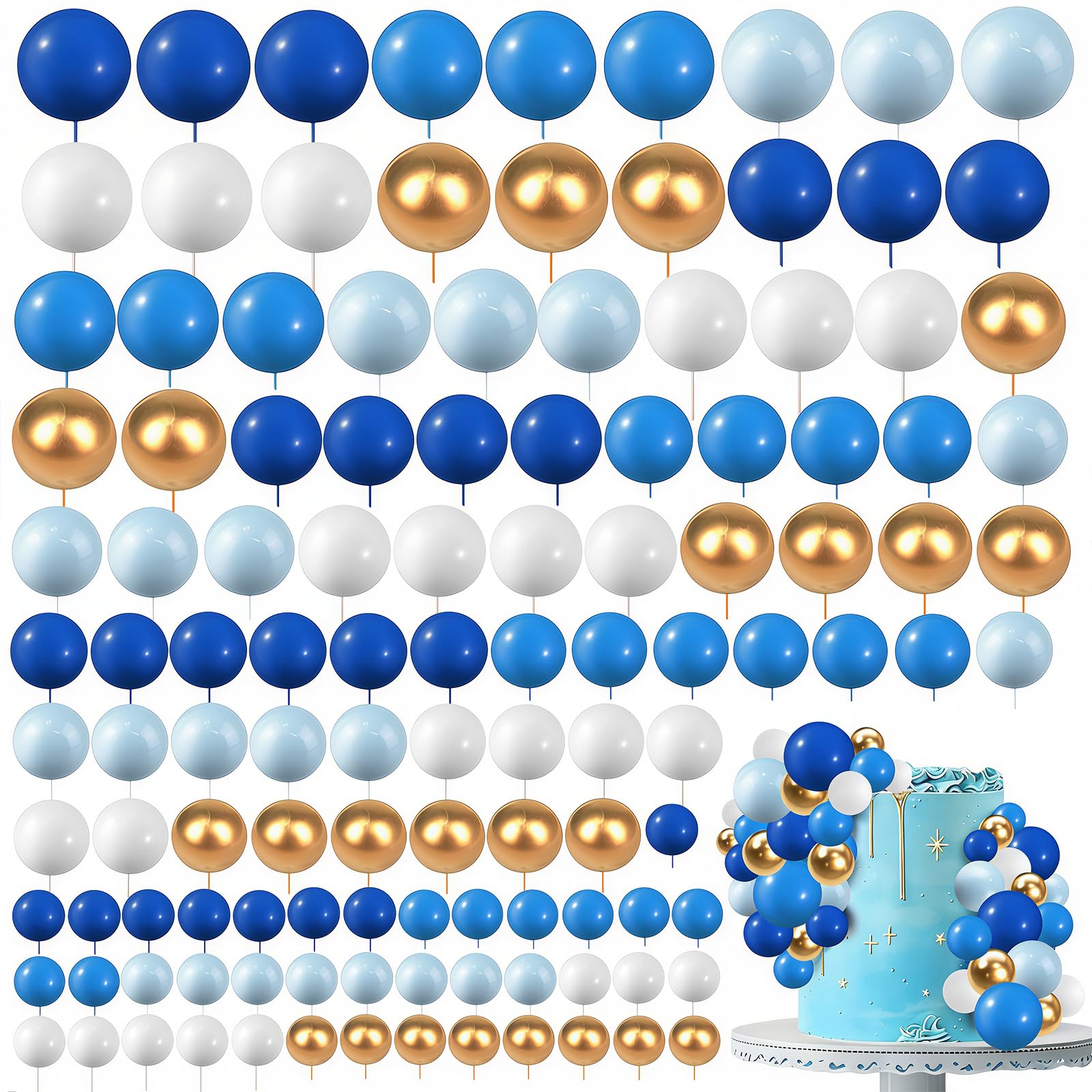Round Ball Cake Toppers, 120 PCS Cake Balls, Ball Cake Toppers, Mini Balloons Cake, DIY Topper Insert Decoration for Wedding Party Birthday Decorating (120, Blue White Gold)