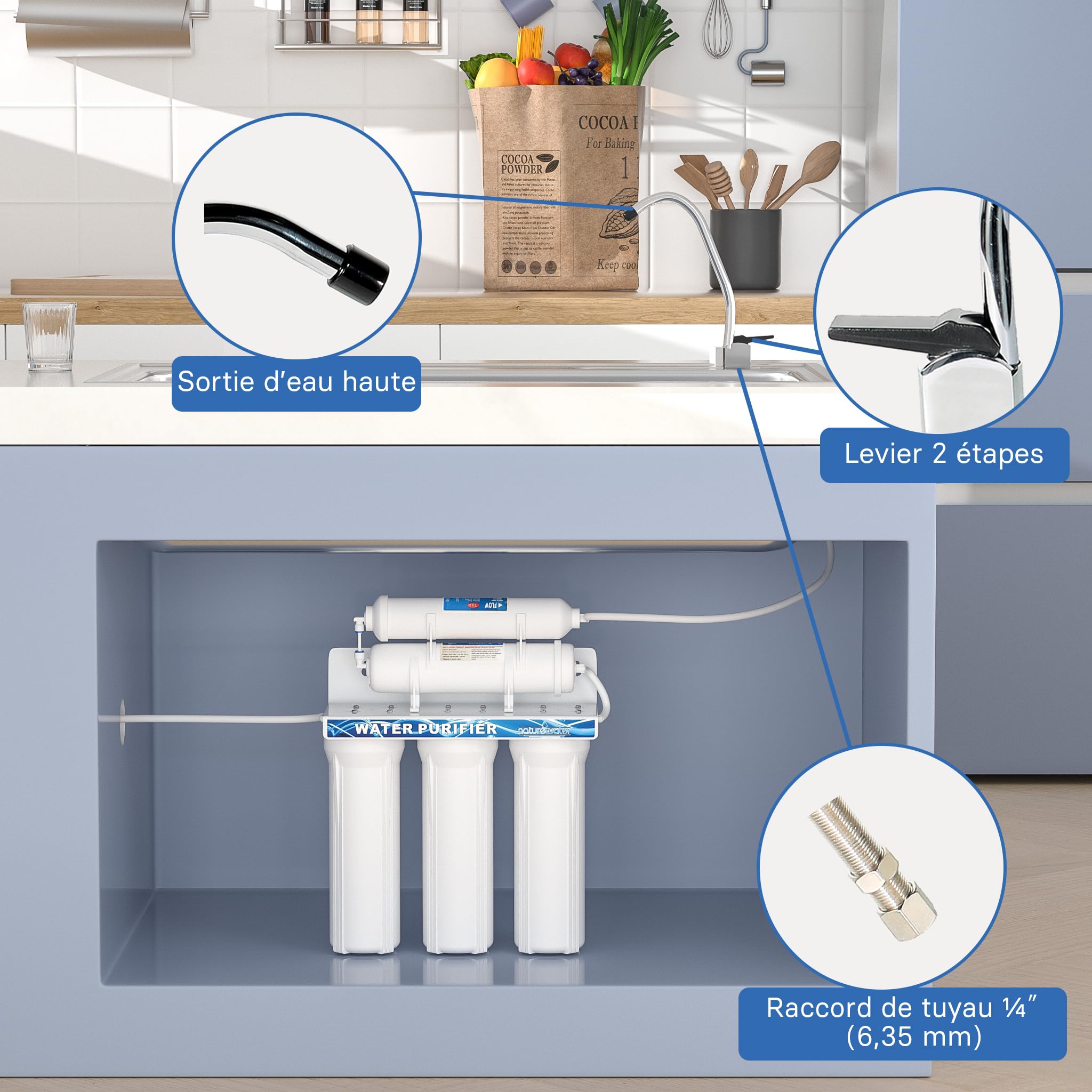 Naturewater NW-PR305 Filtre à eau potable – 410 x 135 x 450 mm – 5 Étapes – 360 L/h – avec Robinet, Vanne 3 voies, Cartouche PP Sédiments, Charbon actif – Filtration Purification Bactéries Pesticides