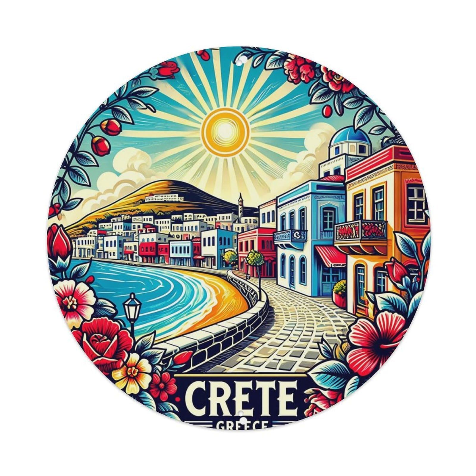 Colorful Mediterranean Village Scene Round Metal Tin Sign Vintage Wall Decor, Bar Garage Cafe Kitchen Home Wall Art Poster 8x8inches